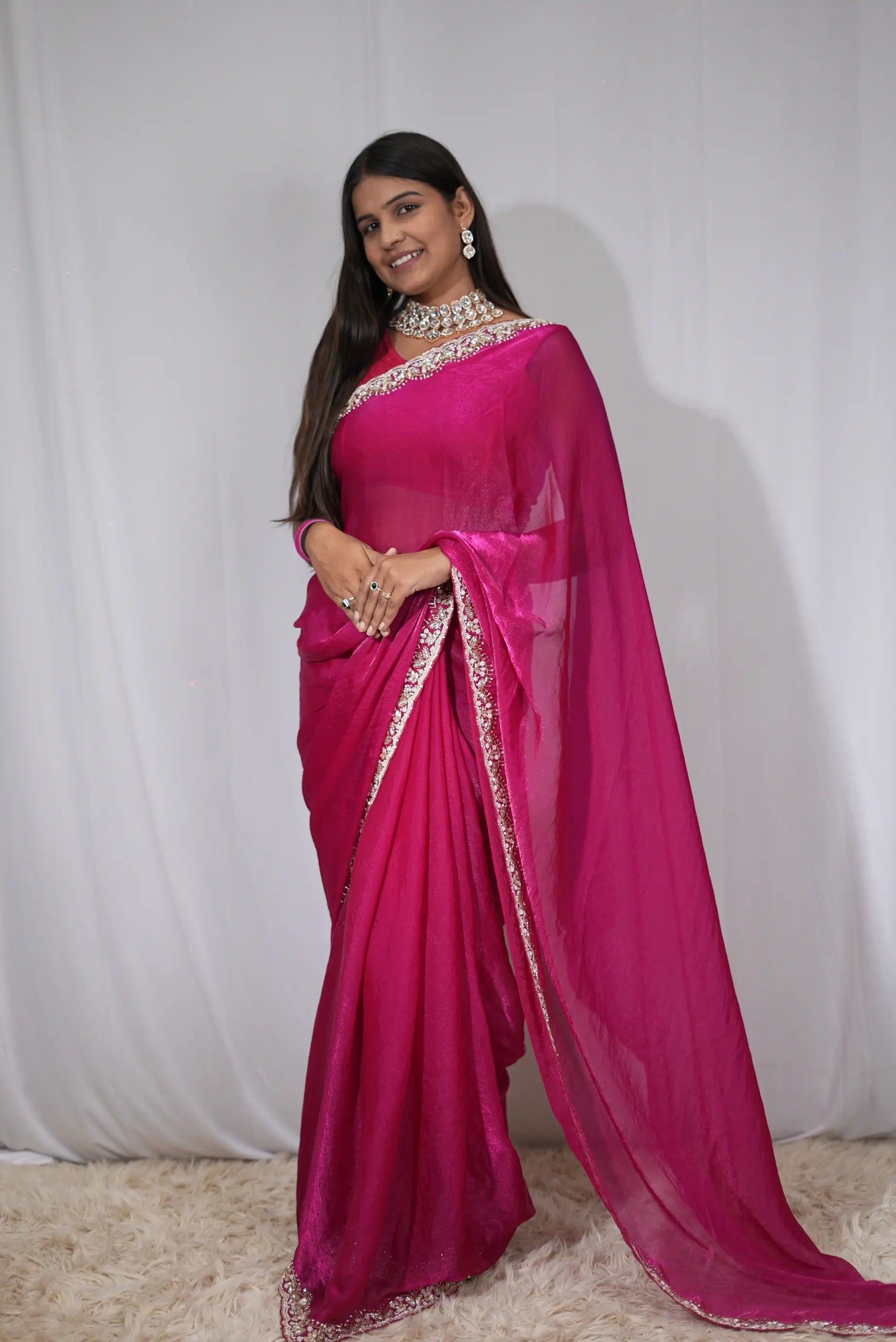 Metallic Silk Fabric Handwork Saree With Heavy Blouse