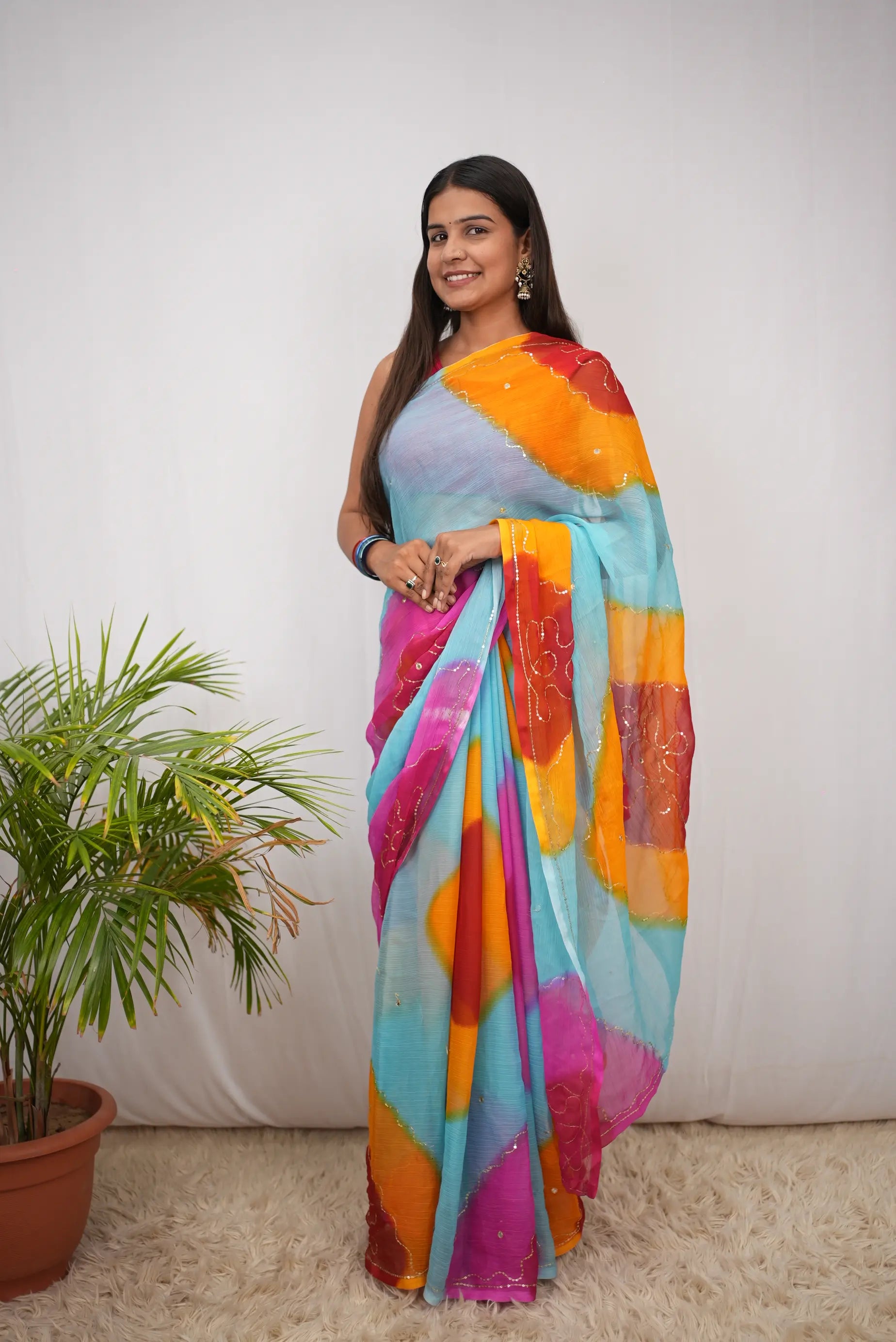 Multicolour Shimmer Chiffon Saree with Aari Taari & Sequin Work (Without Blouse)