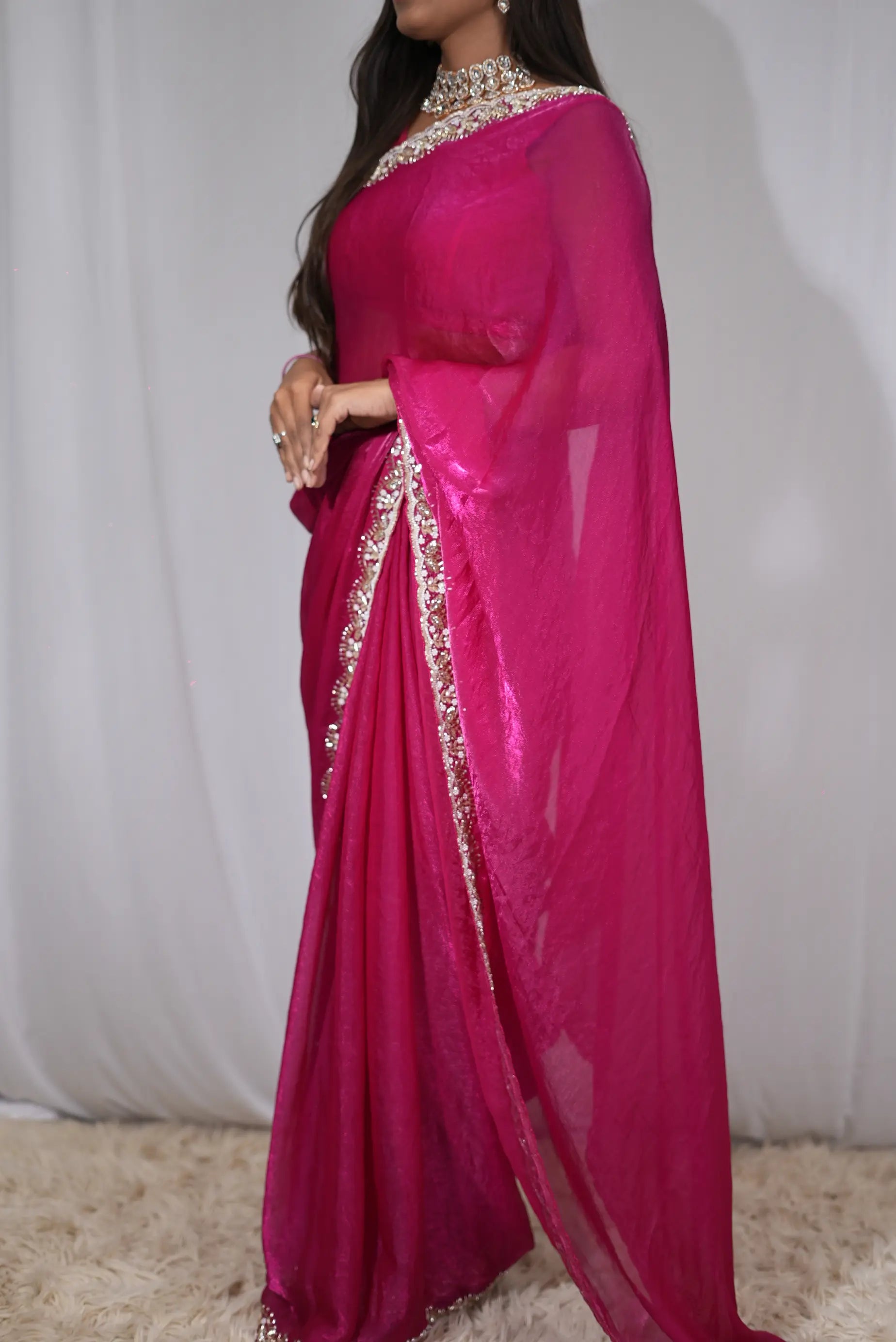 Metallic Silk Fabric Handwork Saree With Heavy Blouse