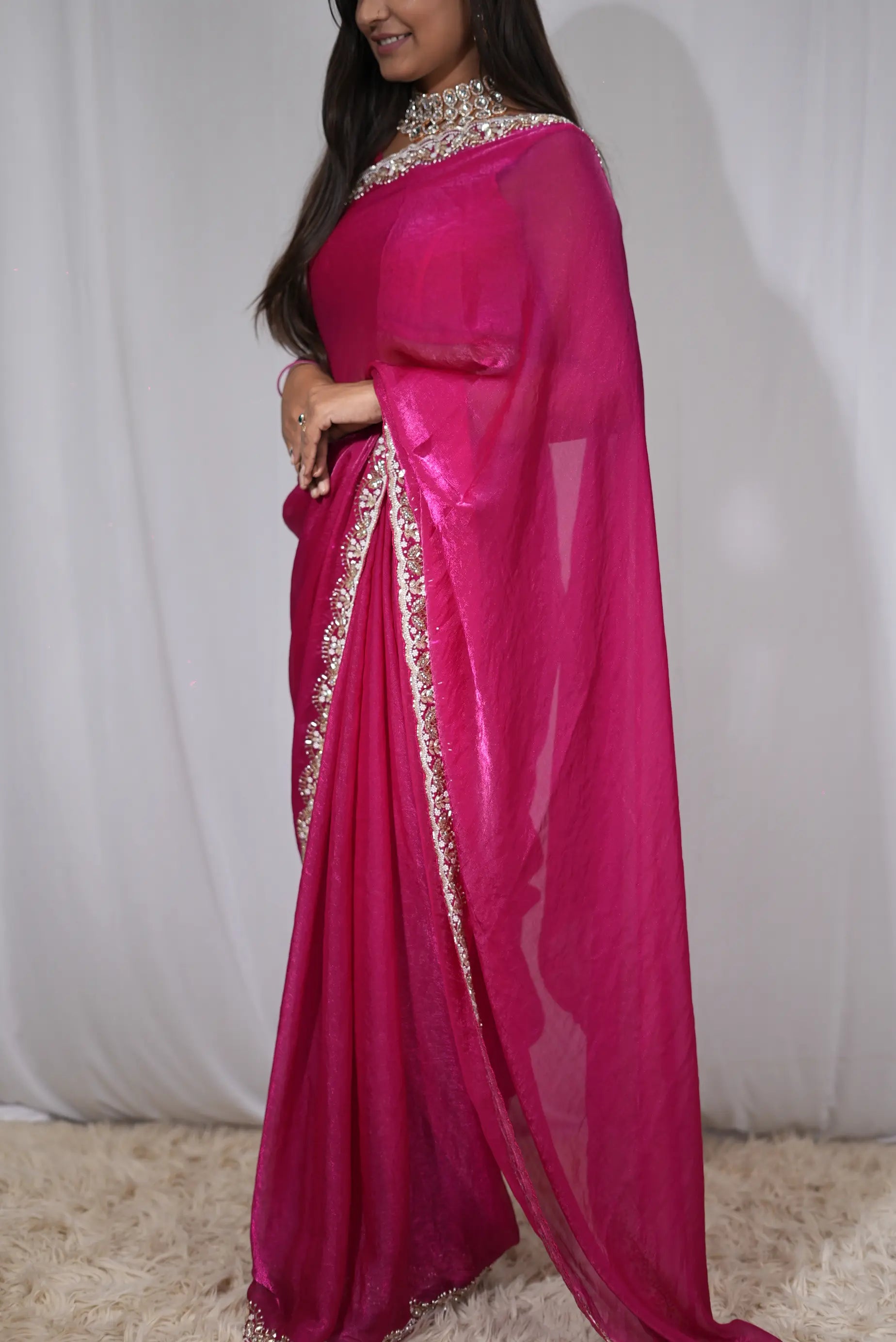 Metallic Silk Fabric Handwork Saree With Heavy Blouse