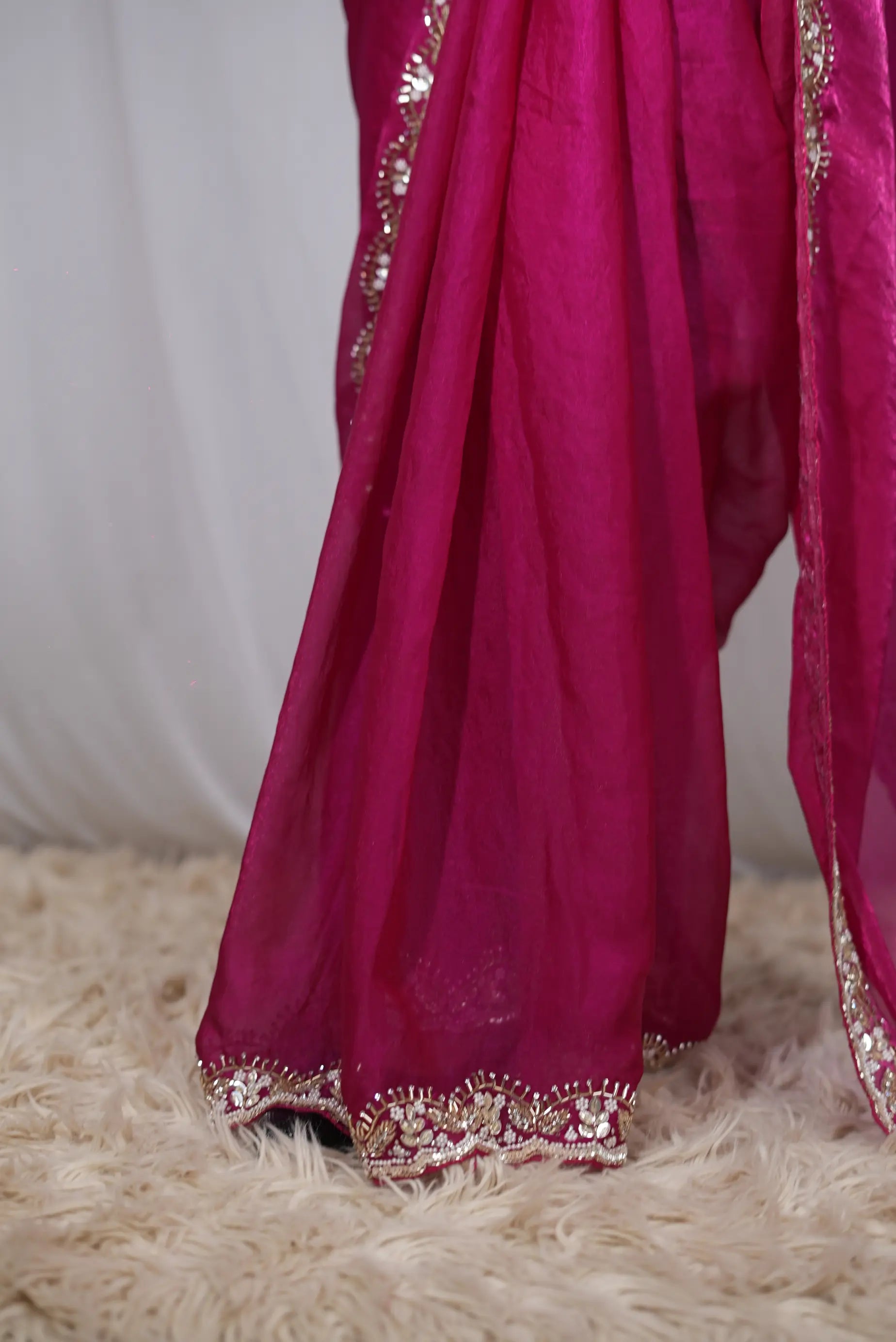 Metallic Silk Fabric Handwork Saree With Heavy Blouse