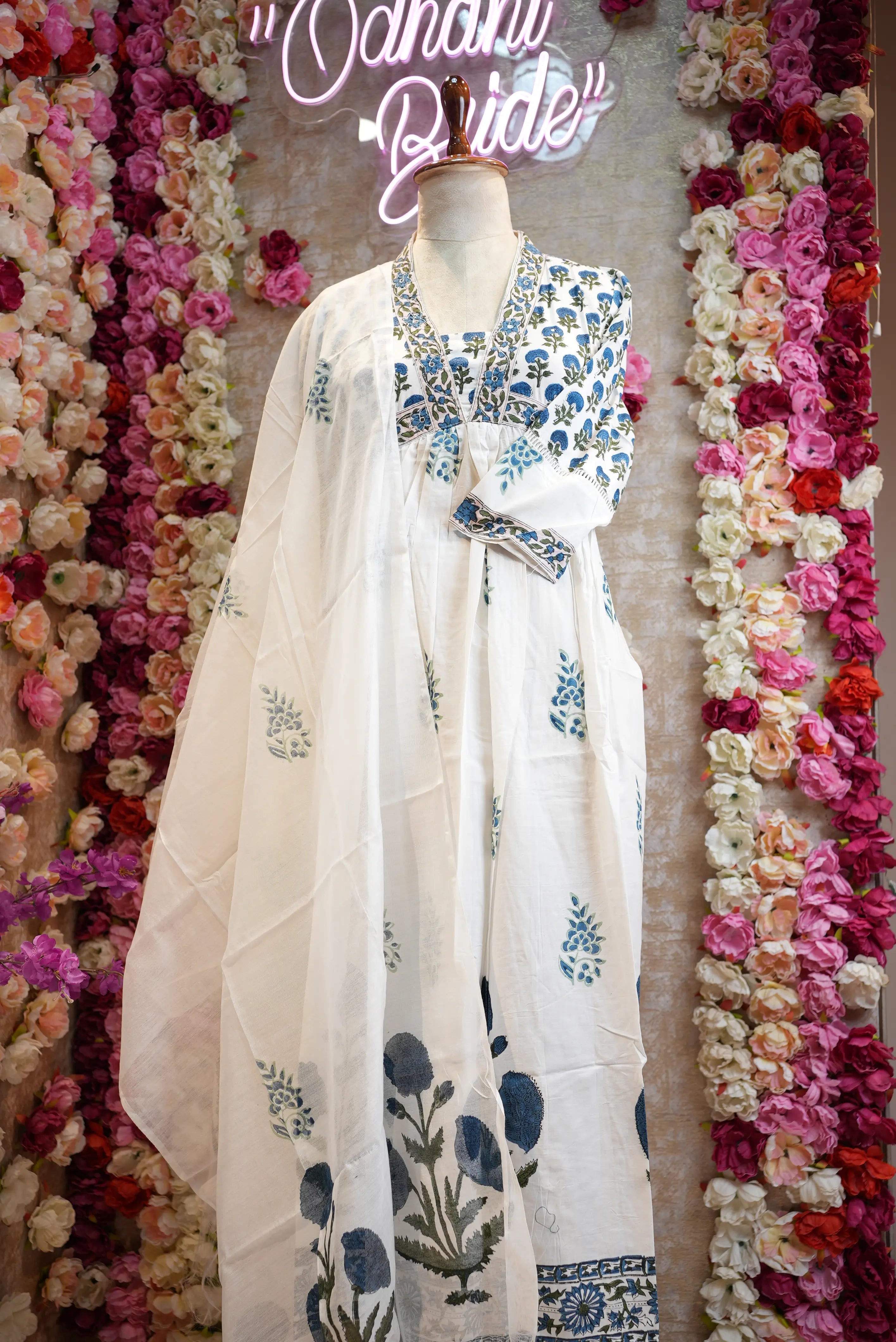 Cotton anarkali suit with sanganeri print