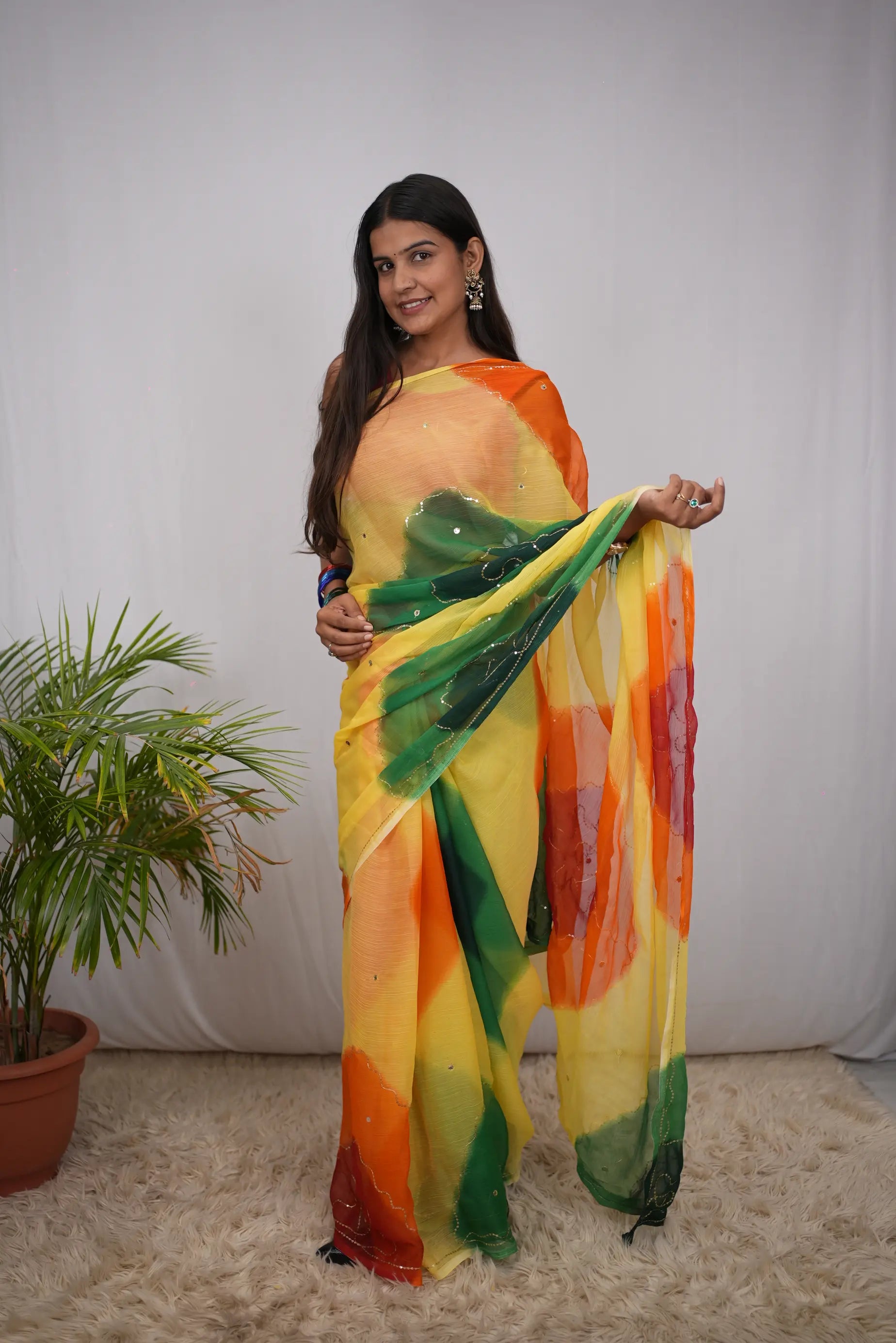 Multicolour Shimmer Chiffon Saree with Aari Taari & Sequin Work (Without Blouse)