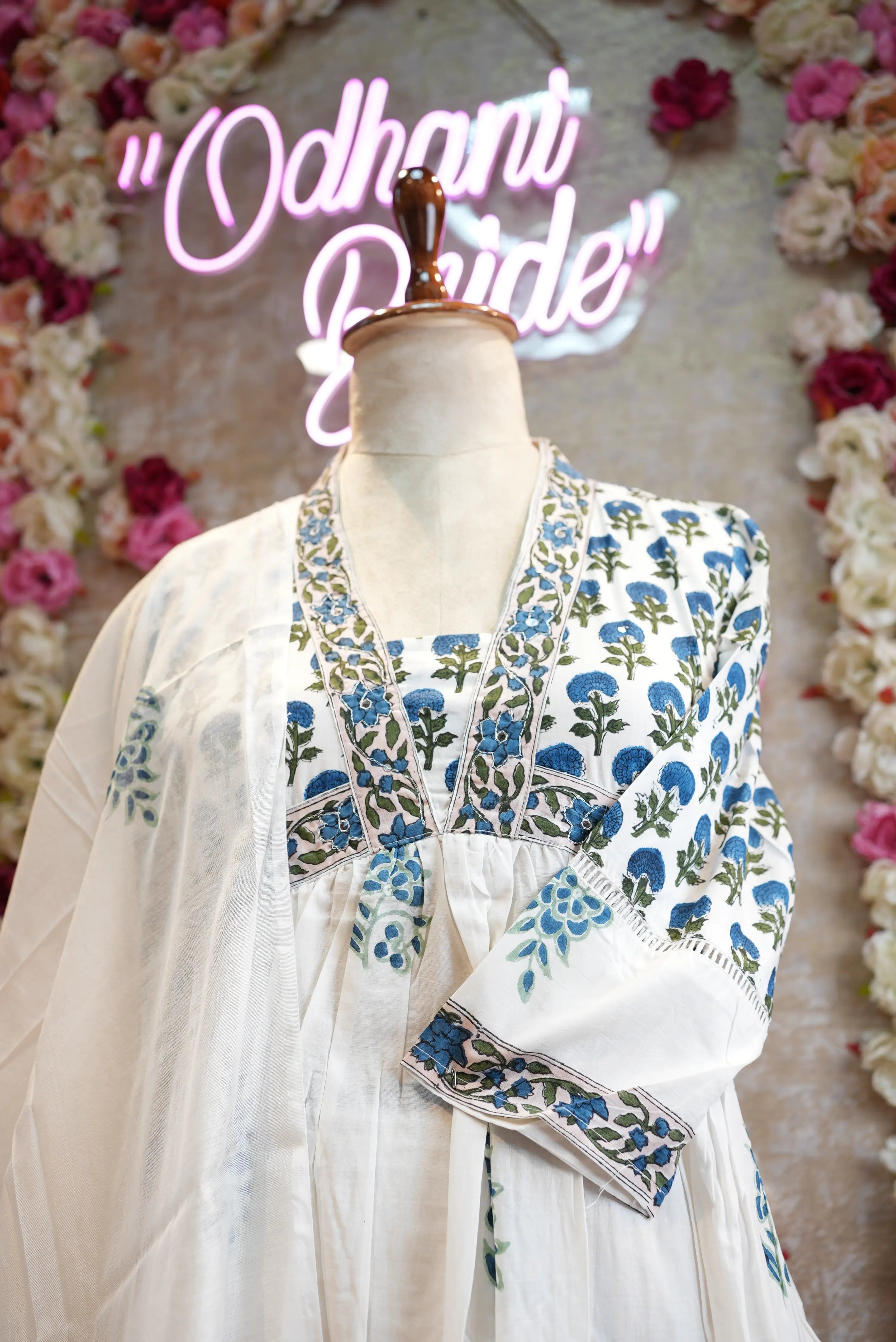 Cotton anarkali suit with sanganeri print