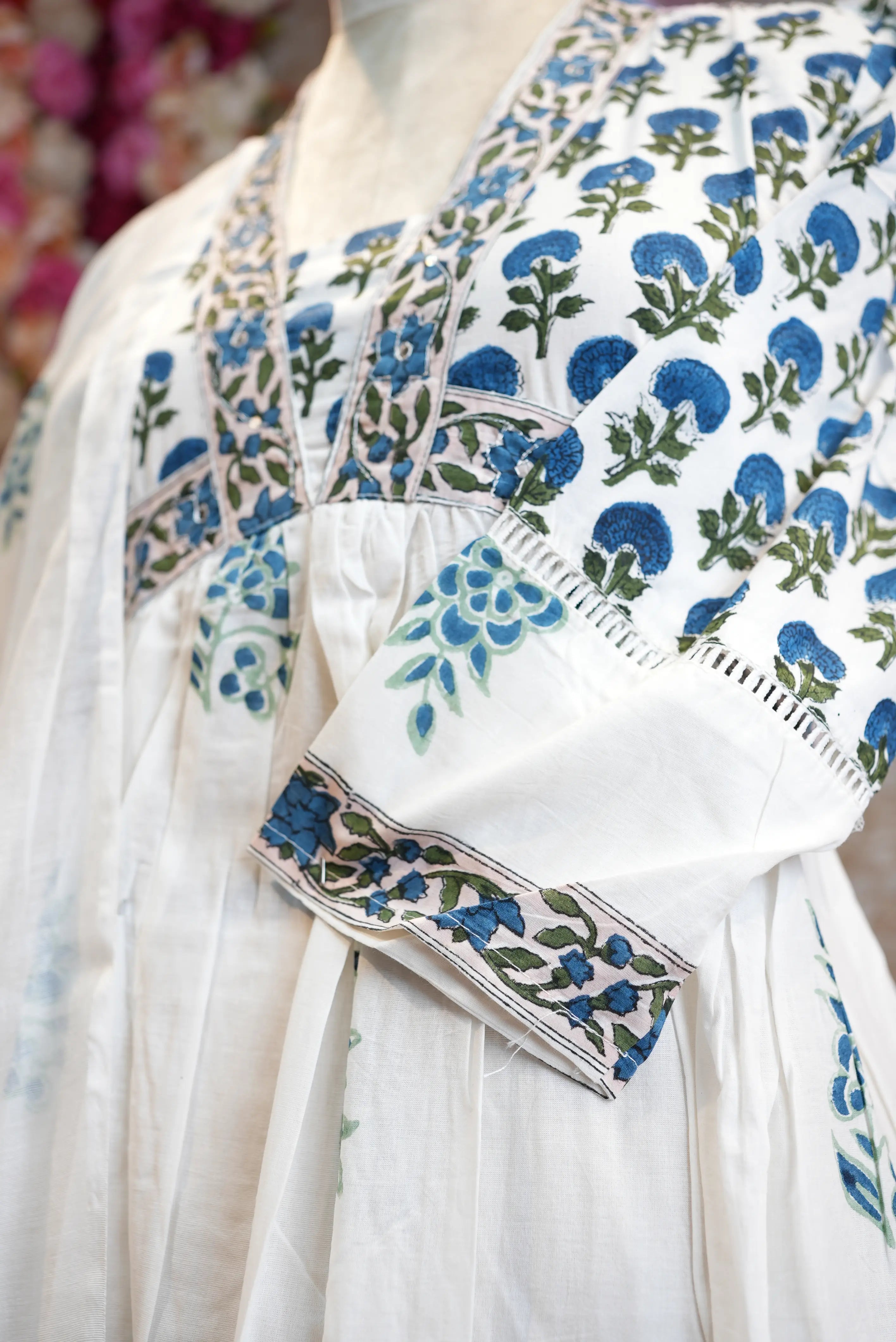Cotton anarkali suit with sanganeri print