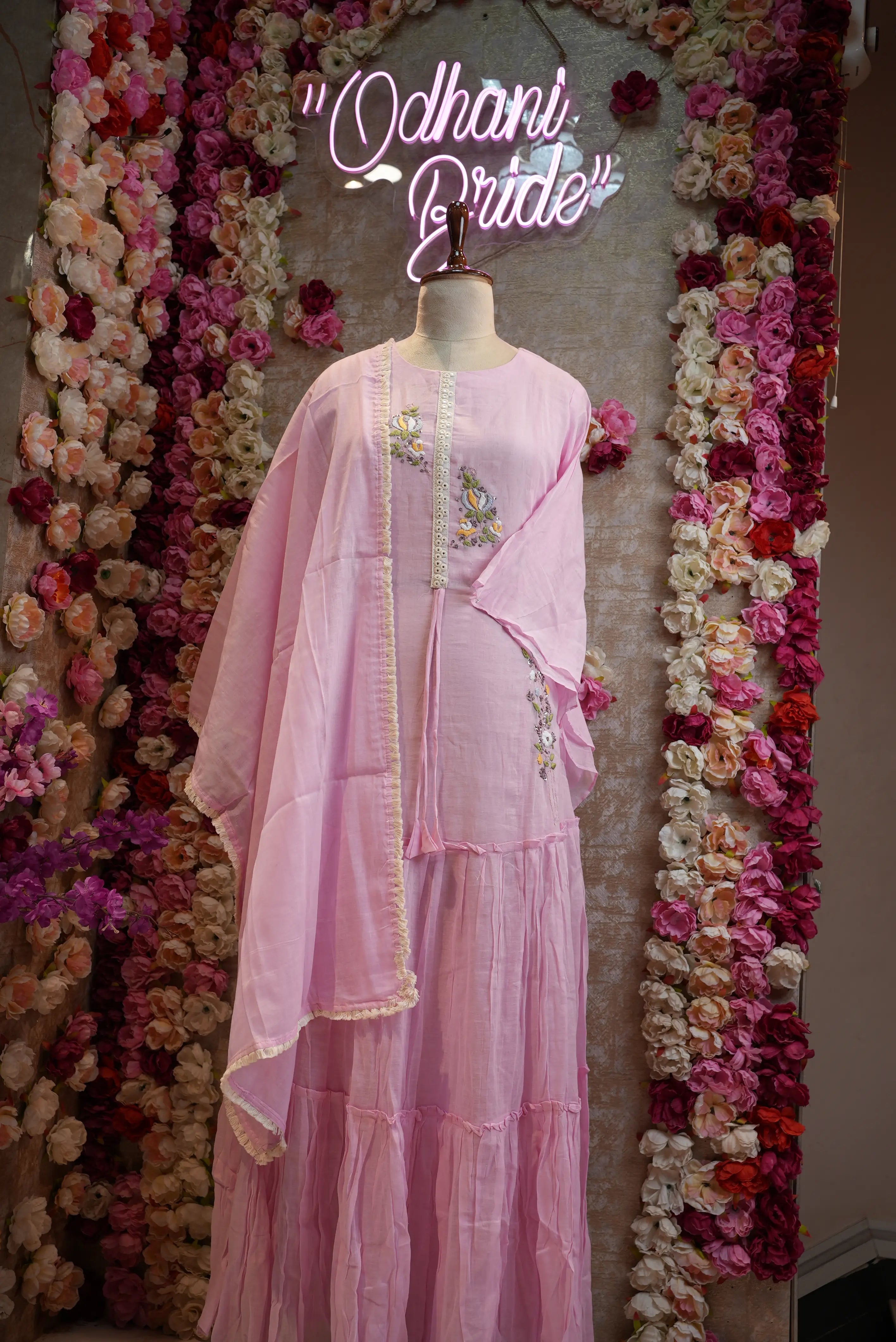 baby pink colour full gown bell sleeve with dupatta