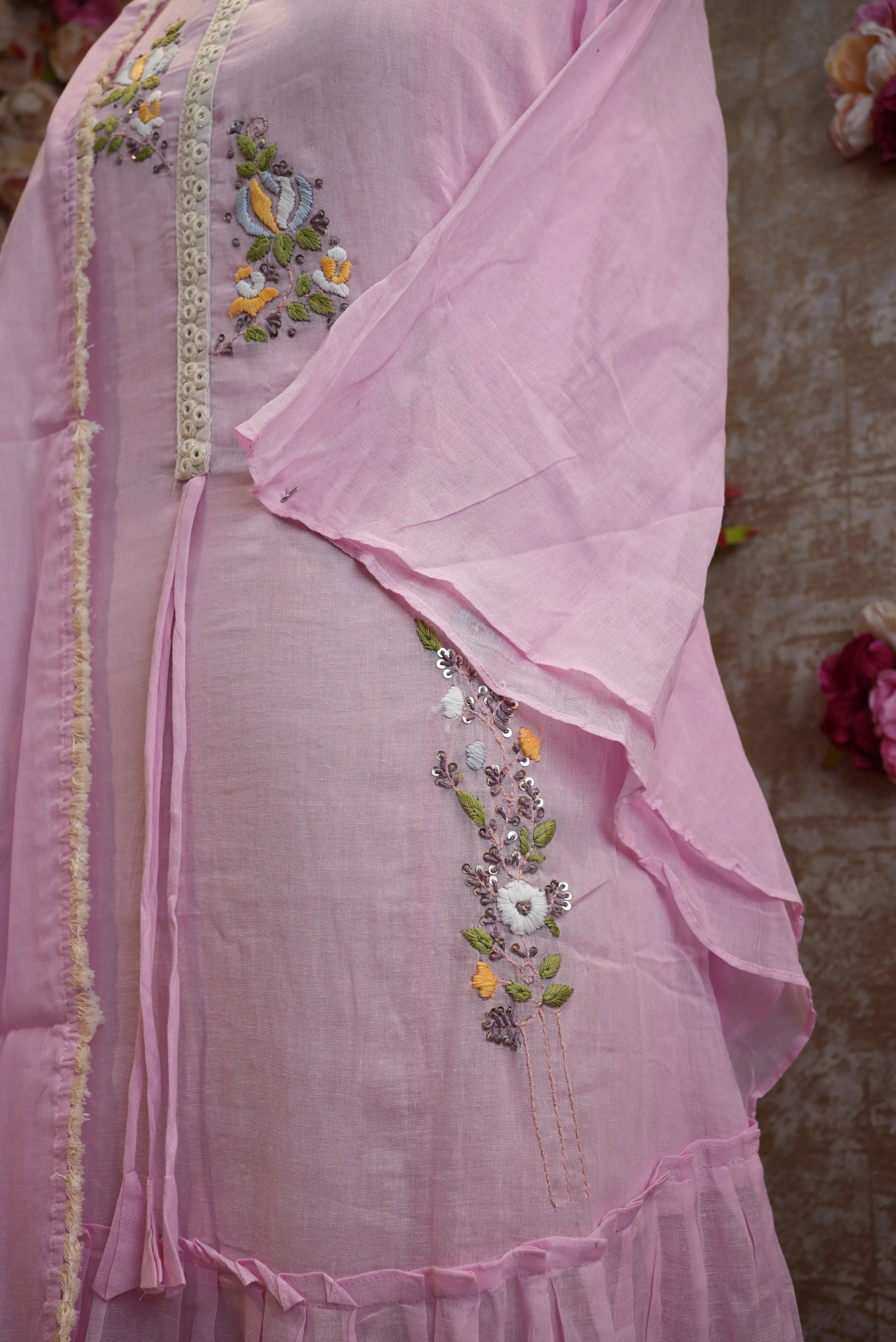 baby pink colour full gown bell sleeve with dupatta