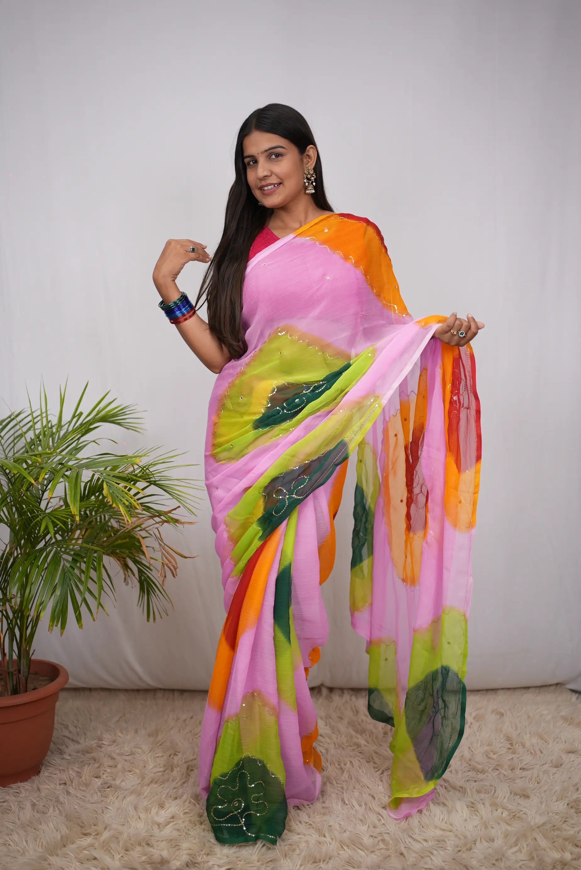 Multicolour Shimmer Chiffon Saree with Aari Taari & Sequin Work (Without Blouse)