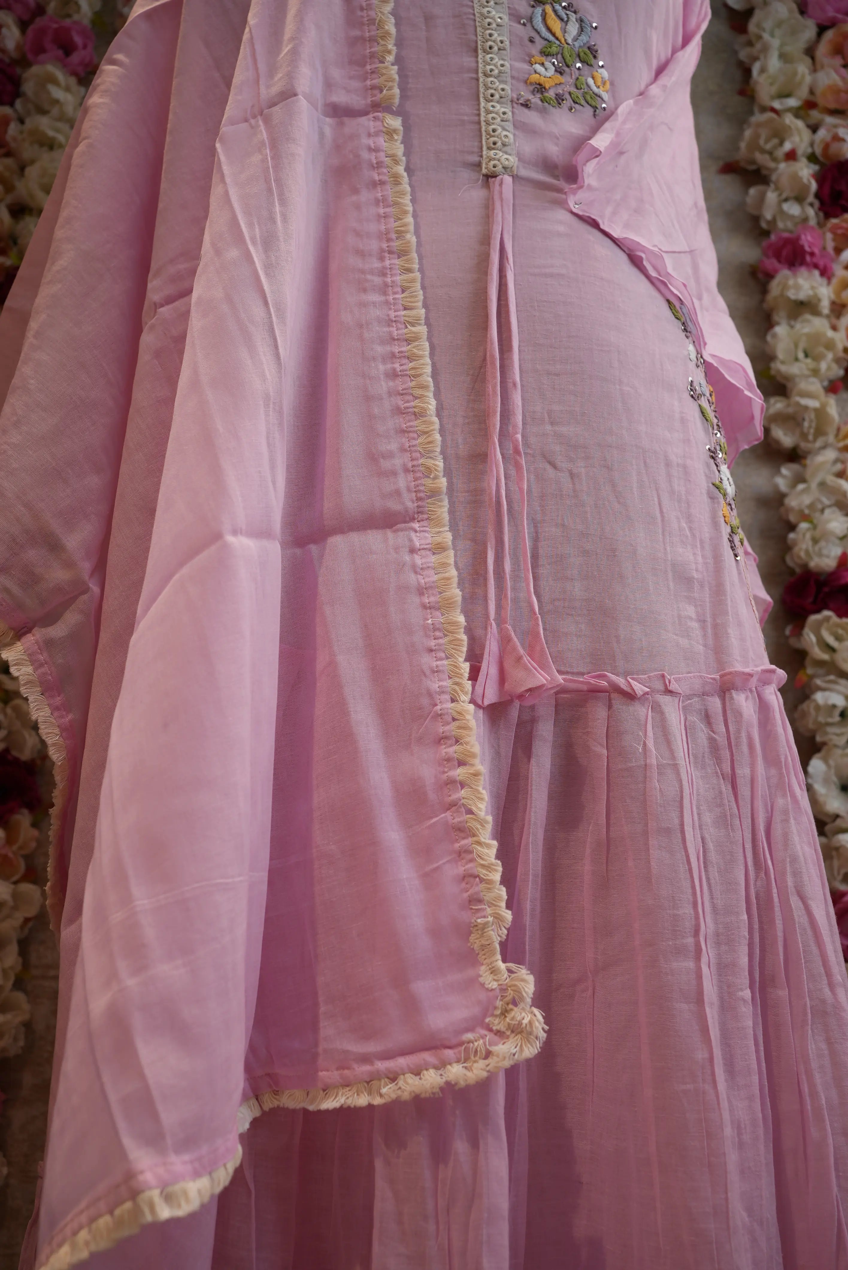 baby pink colour full gown bell sleeve with dupatta