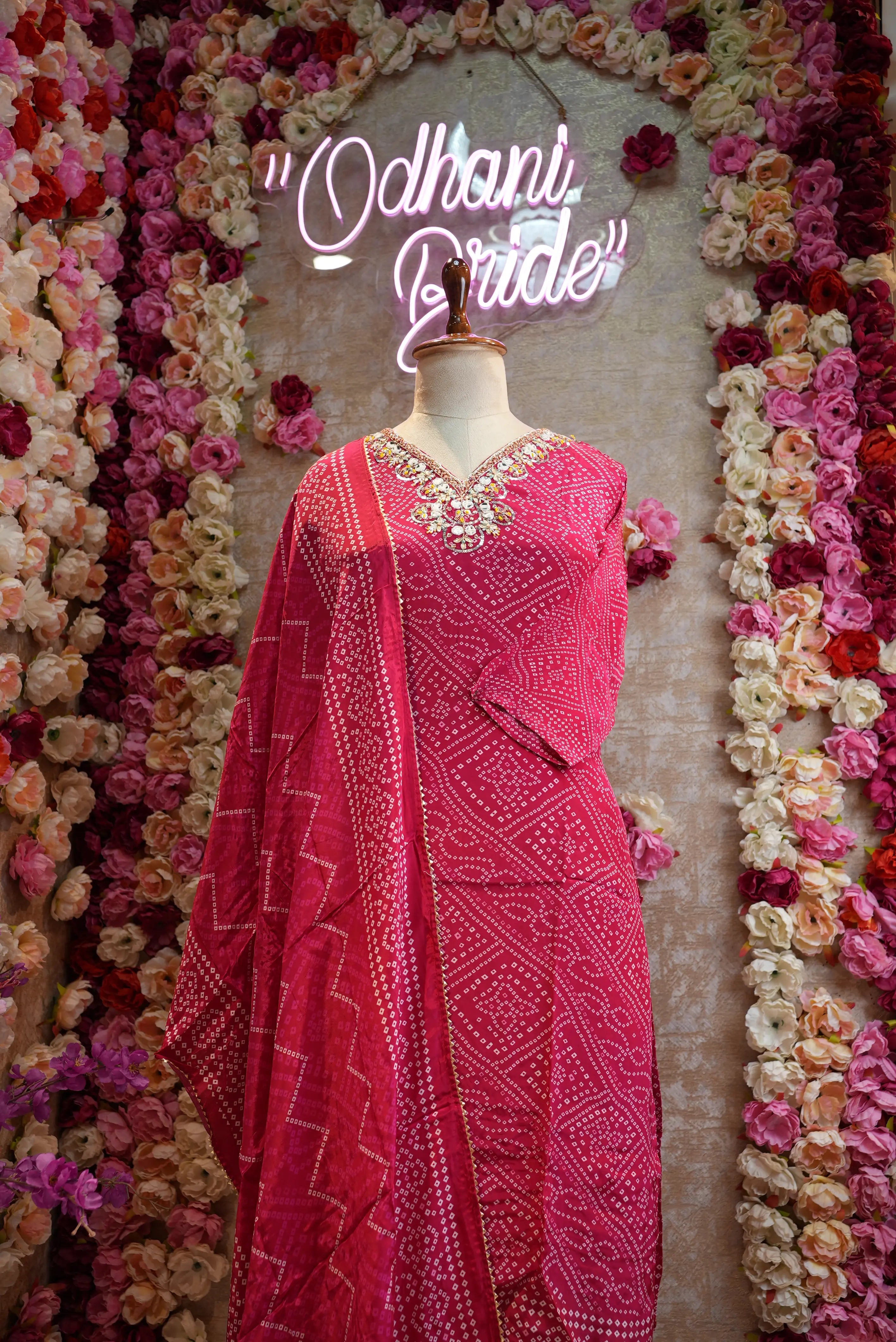 Chinon fabric with bandhani suit v-neck handwork