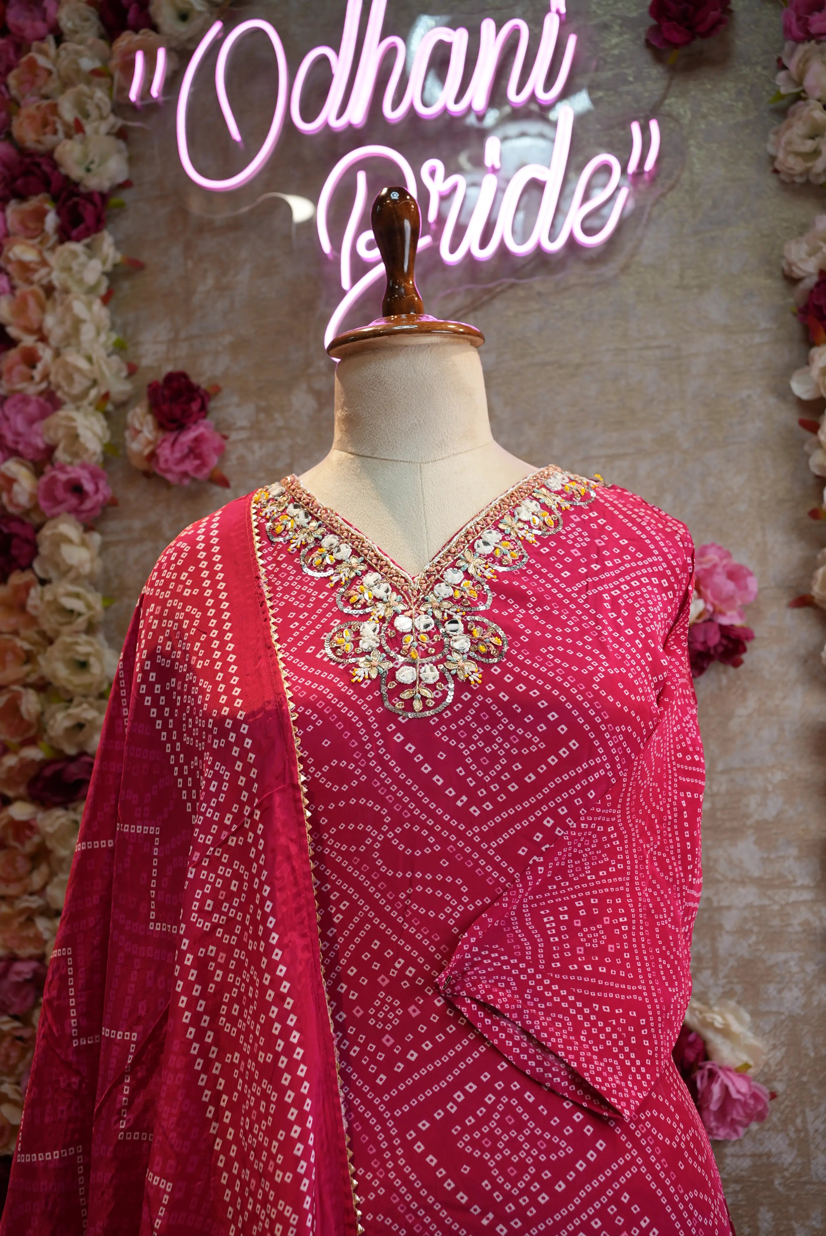 Chinon fabric with bandhani suit v-neck handwork