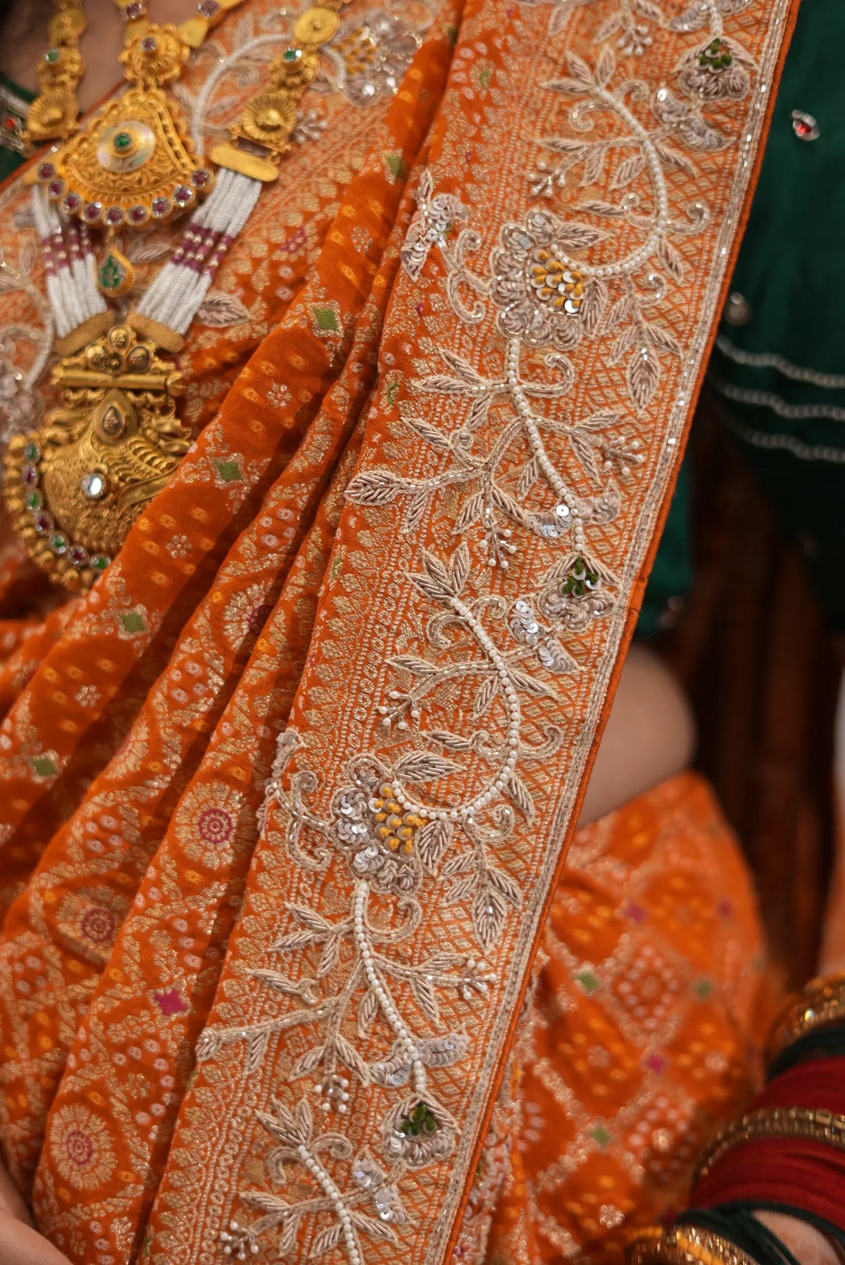 Pure Kaddi Georgette Rust Orange Saree with Zari Weaving, Minakari & Maggam Handwork Blouse