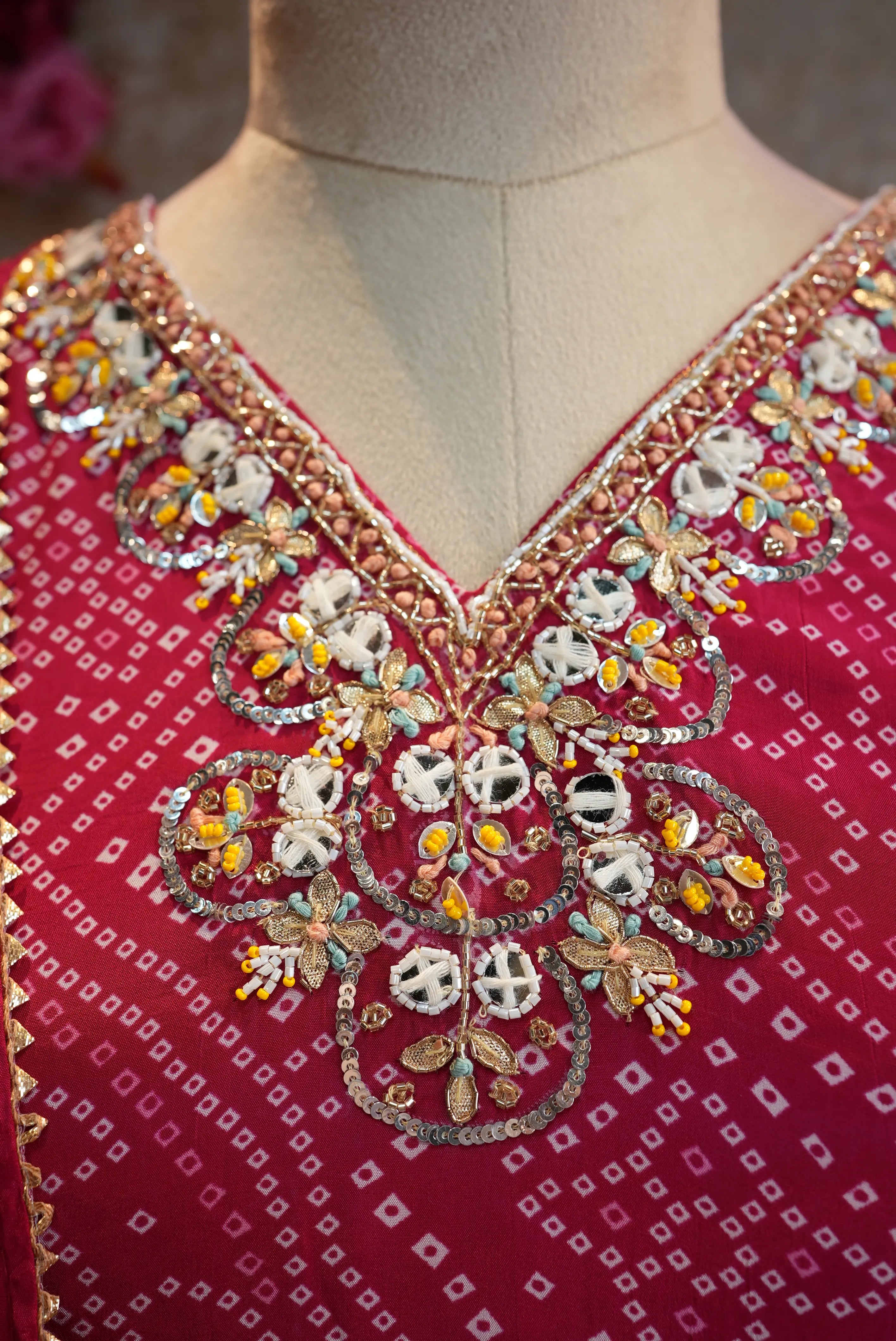 Chinon fabric with bandhani suit v-neck handwork
