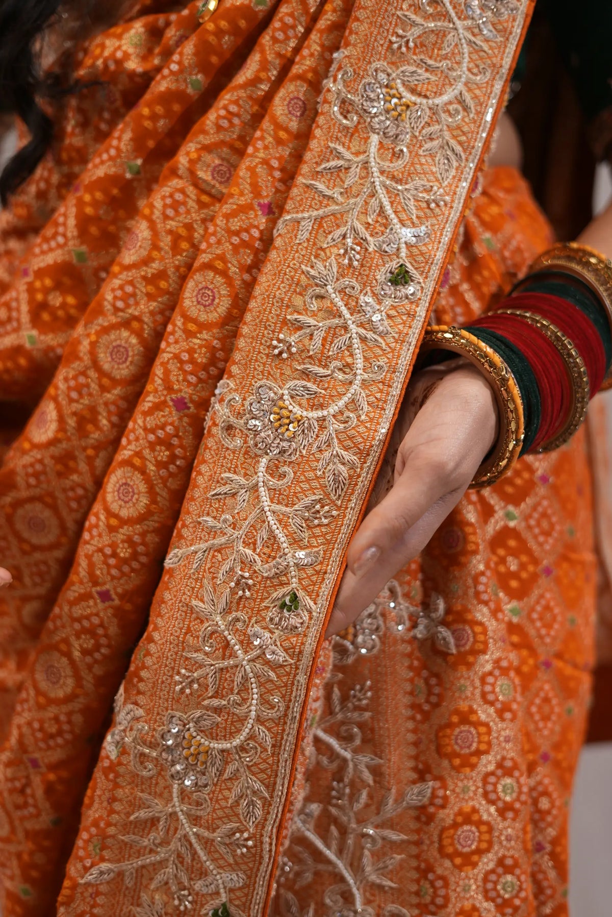 Pure Kaddi Georgette Rust Orange Saree with Zari Weaving, Minakari & Maggam Handwork Blouse