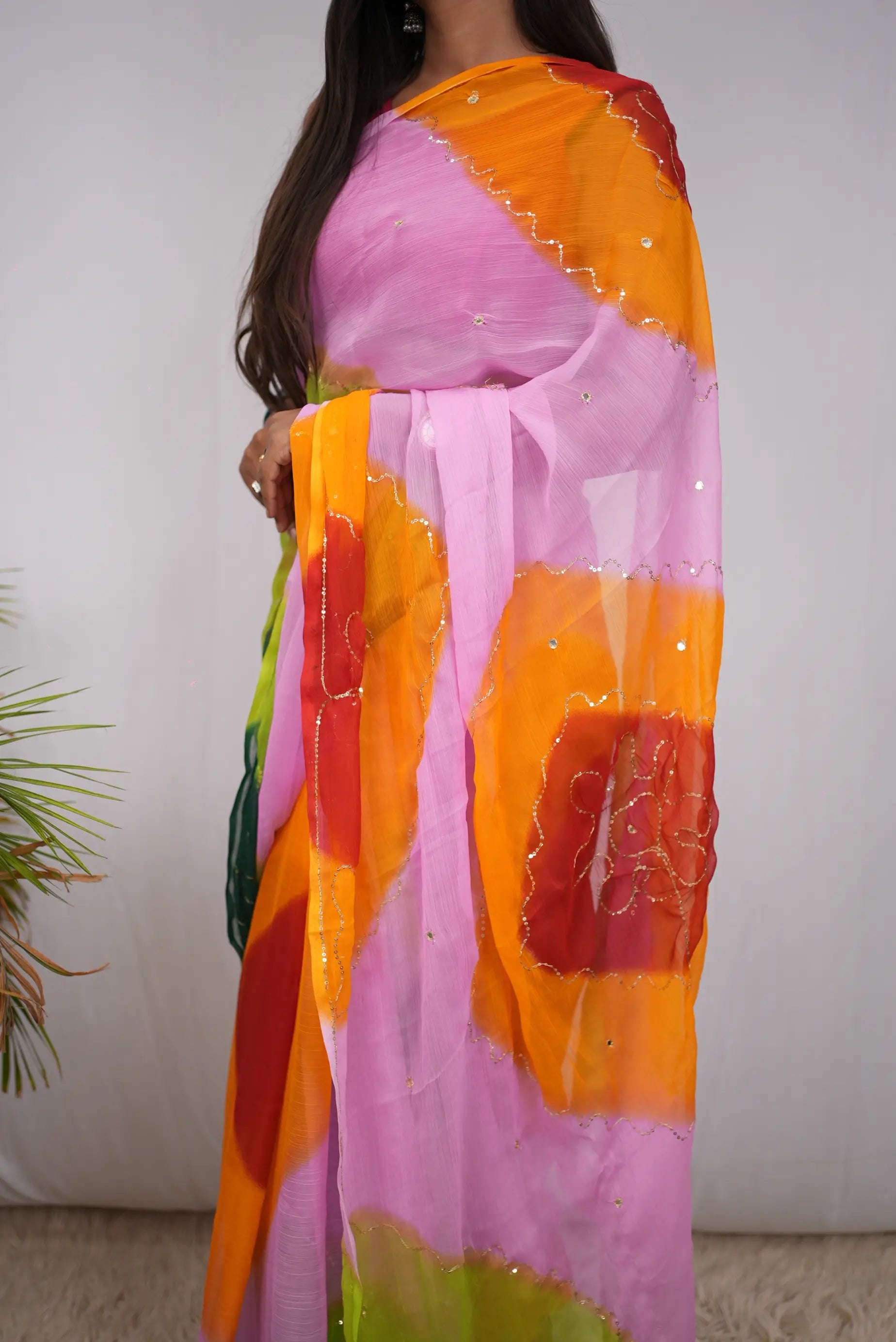 Multicolour Shimmer Chiffon Saree with Aari Taari & Sequin Work (Without Blouse)