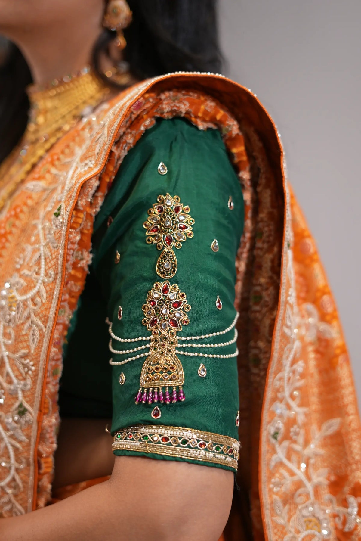 Pure Kaddi Georgette Rust Orange Saree with Zari Weaving, Minakari & Maggam Handwork Blouse