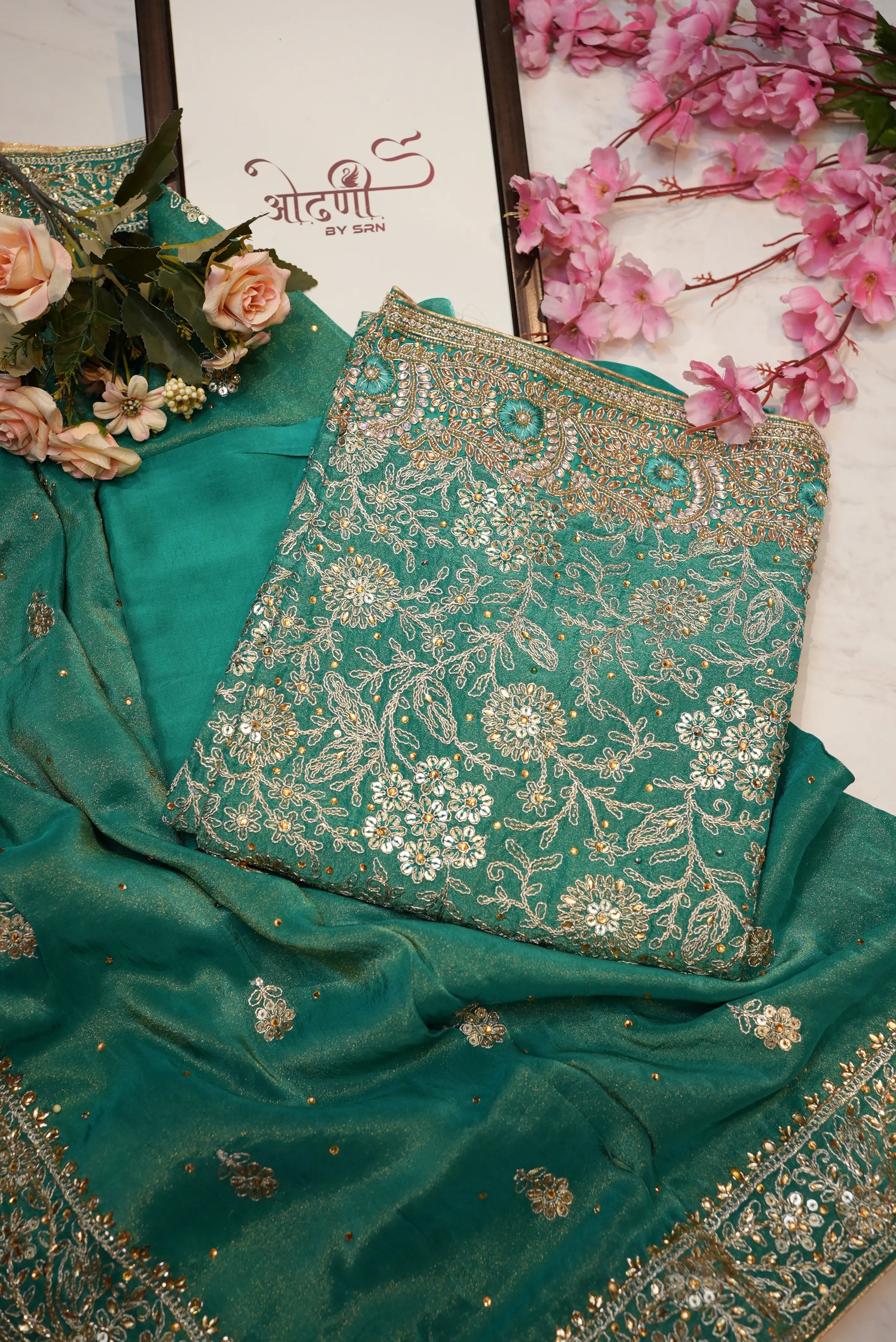 Chinon fabric handwork heavy suit with border dupatta (UNSTITCHED)
