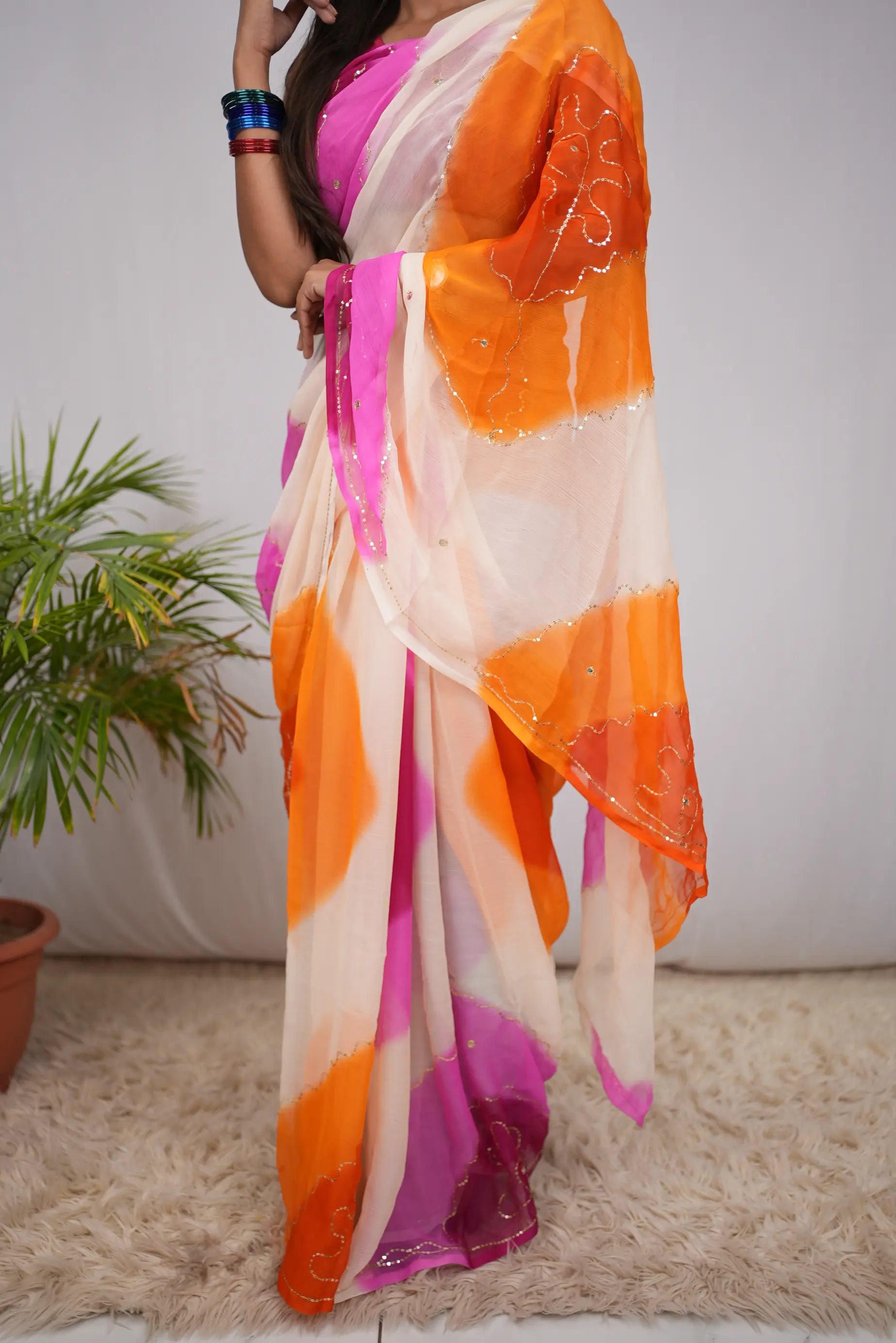 Multicolour Shimmer Chiffon Saree with Aari Taari & Sequin Work (Without Blouse)