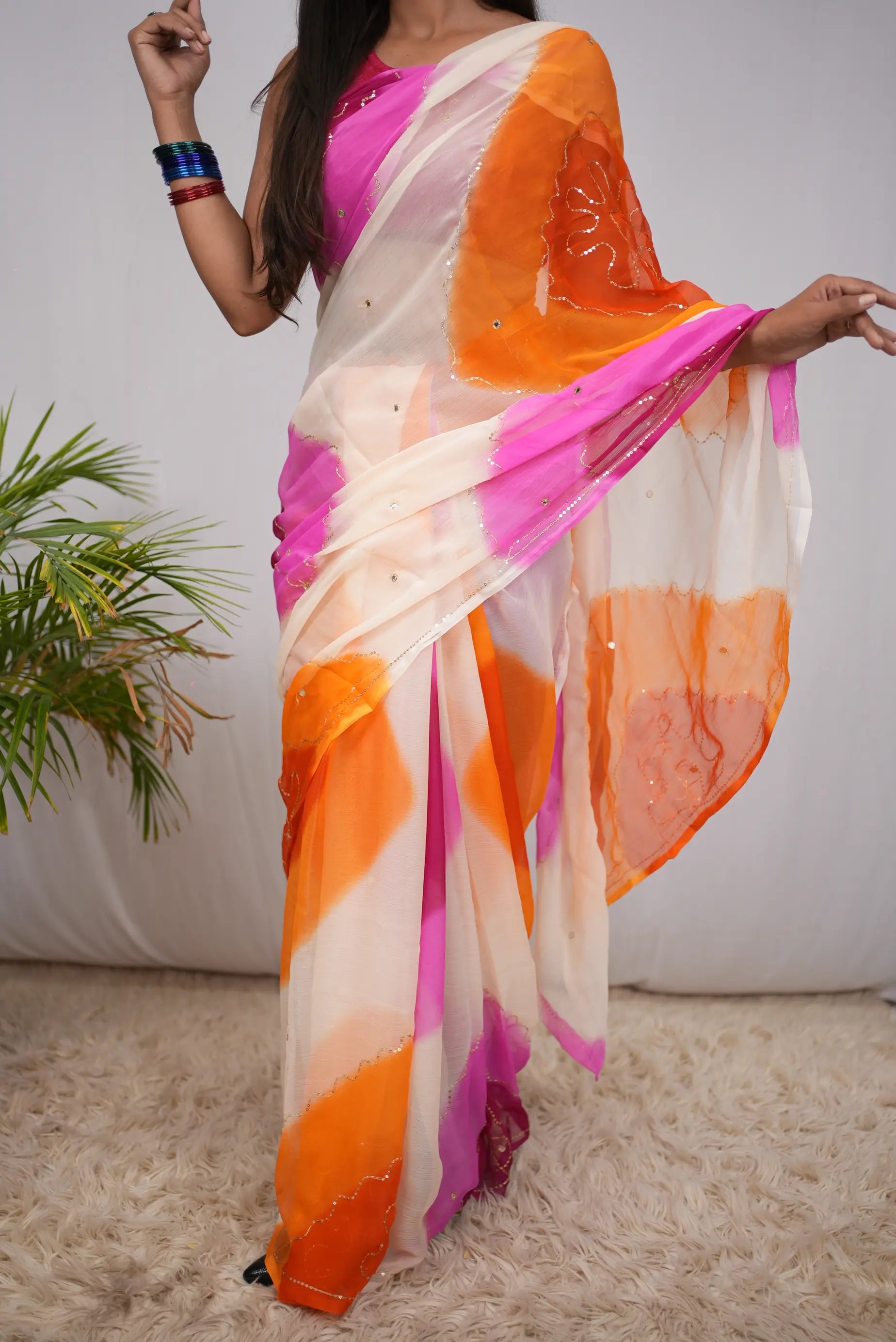 Multicolour Shimmer Chiffon Saree with Aari Taari & Sequin Work (Without Blouse)