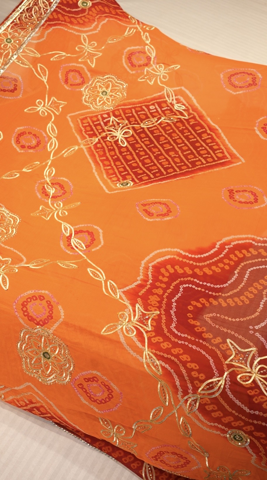 Pure Ojhriya Hand Bandhej Saree with Traditional Rajasthani Kaccha Gota Sequence Work