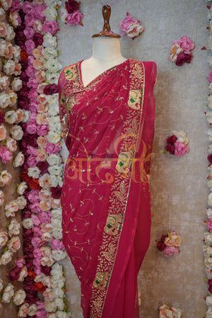 GEORGETTE FABRIC RAJPUTI SAREE WITH Elephant PRINT DESIGN ON BORDER (WITHOUT BLOUSE) ##SR0178
