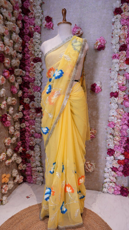 BRUSH PRINT DESIGN WITH KACHI GOTA PATTI WORK & LACE SAREE (WITH BLOUSE) ##SR596