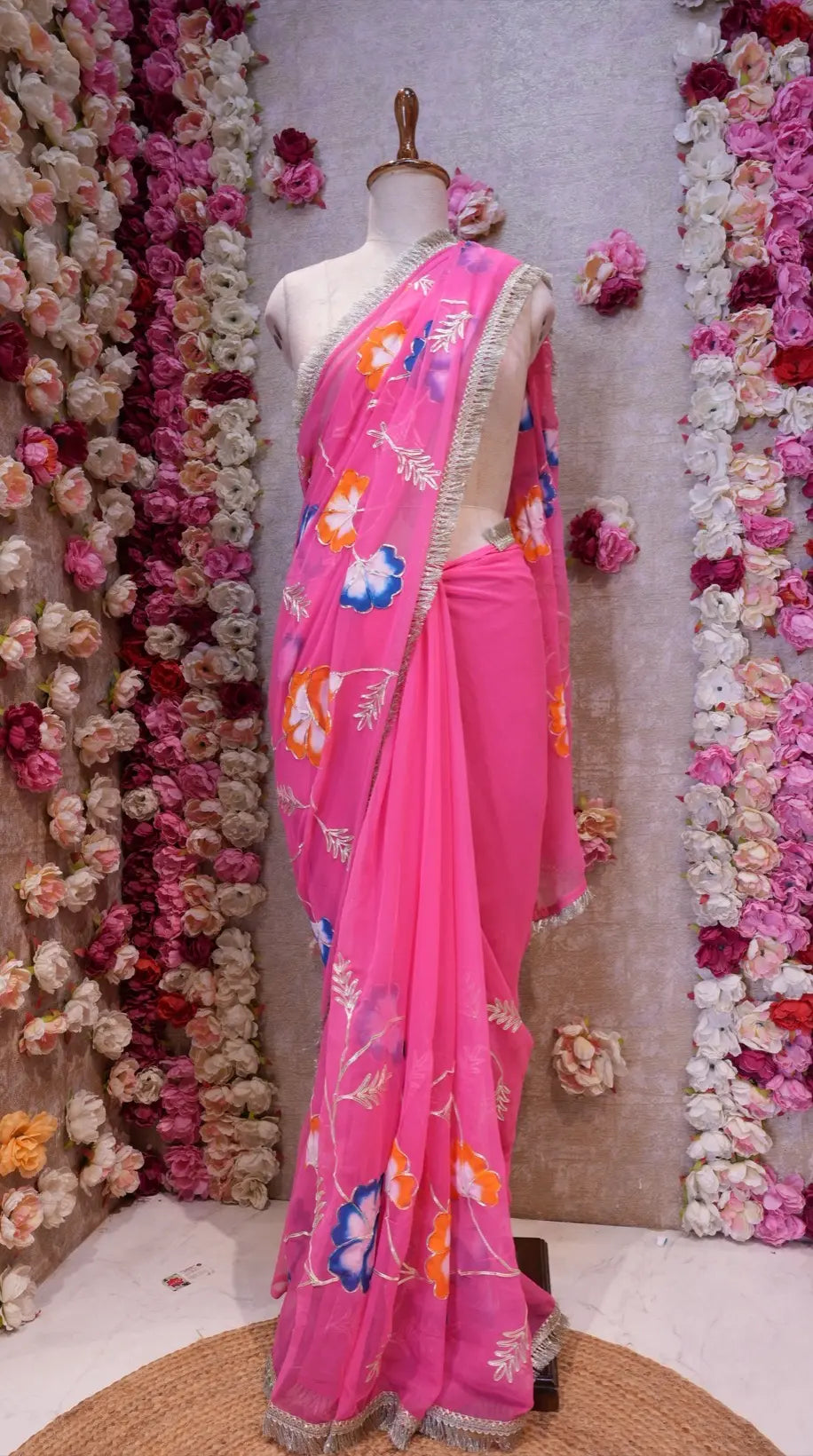 BRUSH PRINT DESIGN WITH KACHI GOTA PATTI WORK & LACE SAREE (WITH BLOUSE)