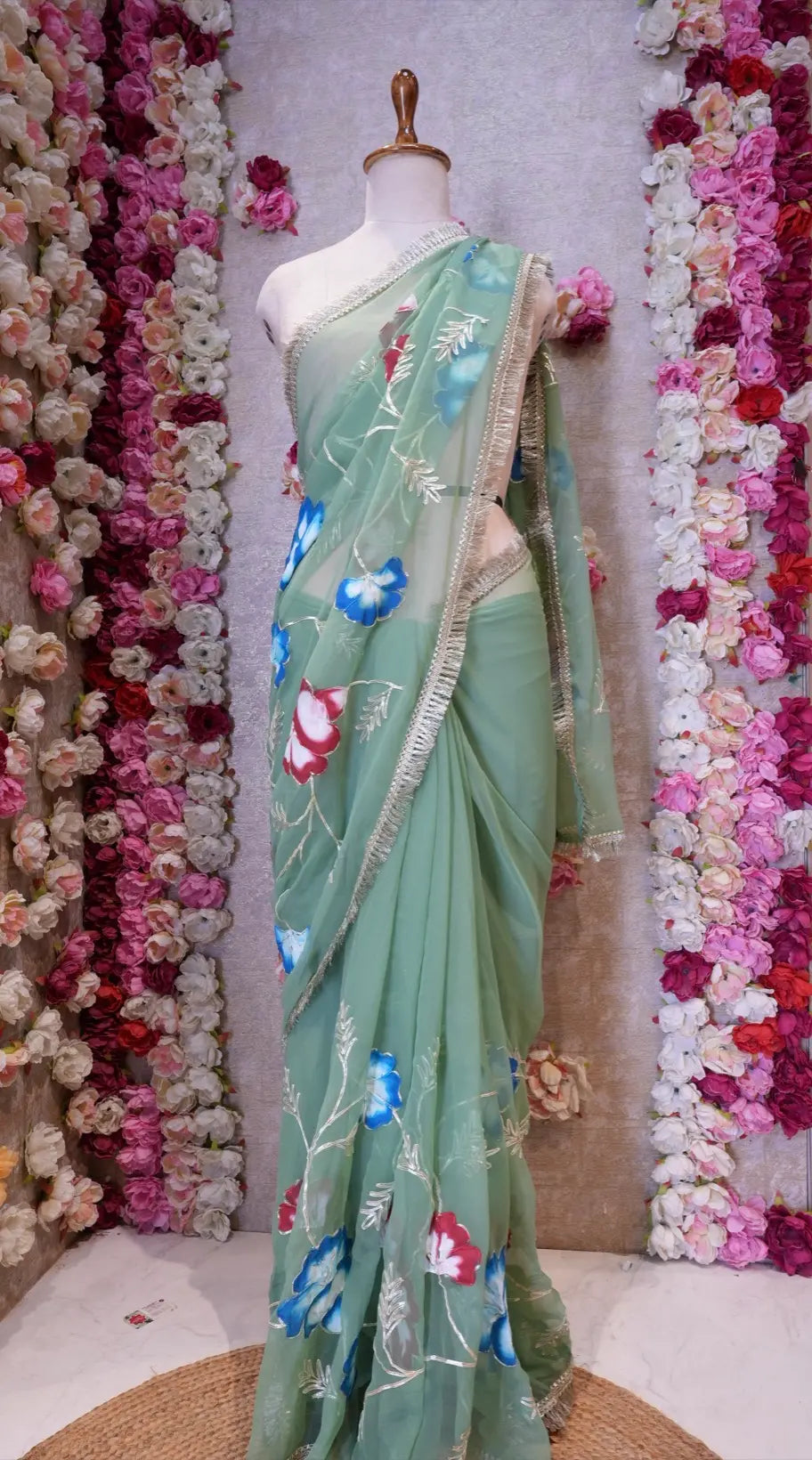BRUSH PRINT DESIGN WITH KACHI GOTA PATTI WORK & LACE SAREE (WITH BLOUSE)