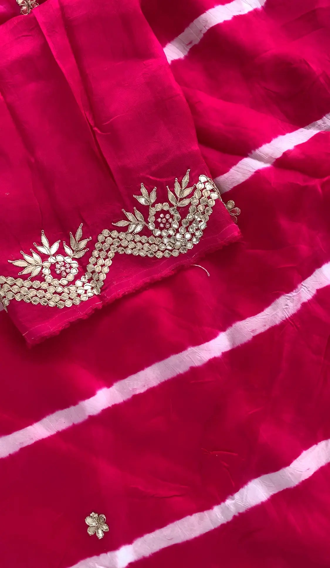Rani Pink Lehriya Saree with Gota Patti Handwork (With Blouse)