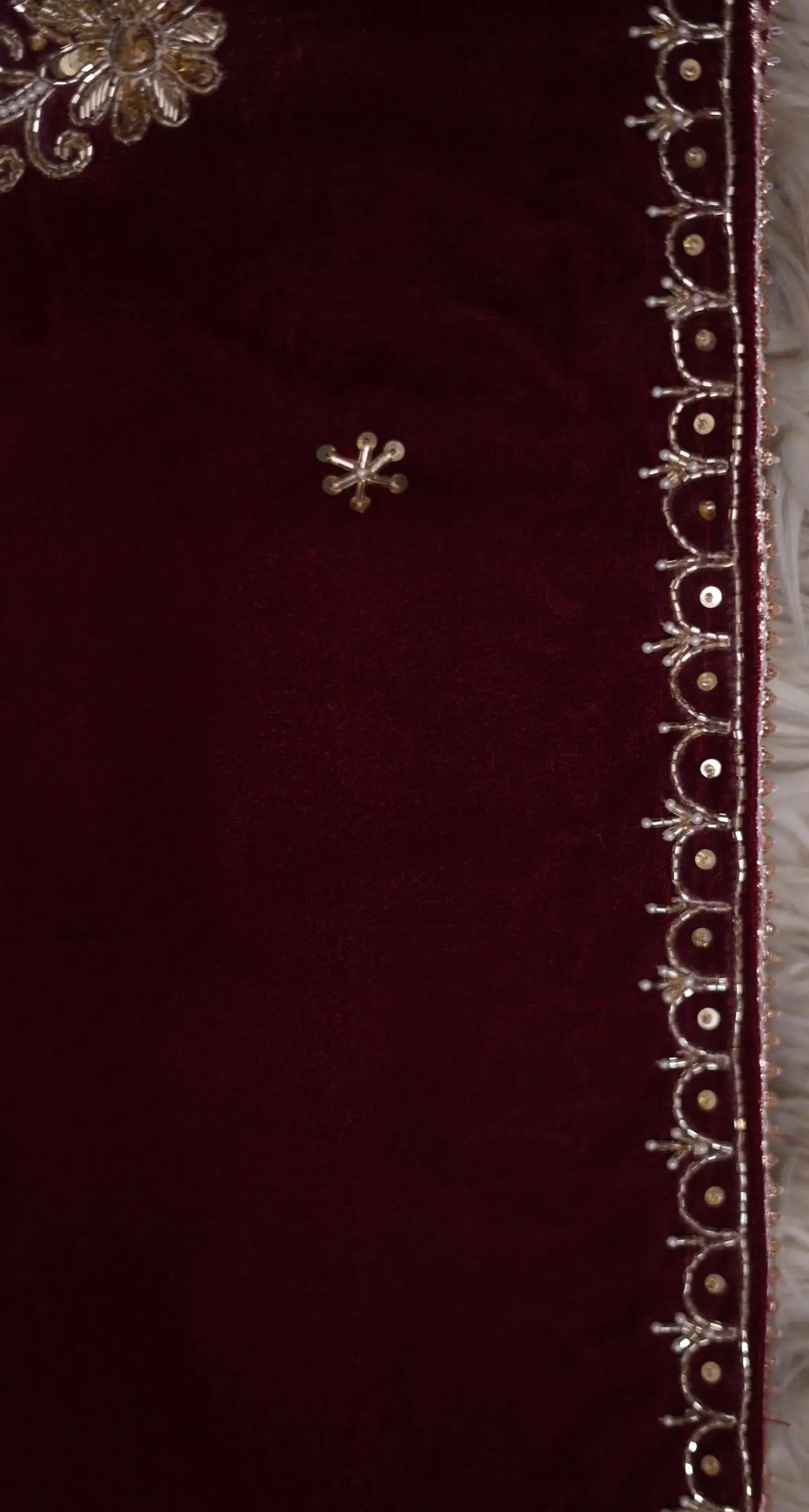 Mehroon Handwork Shawl with Zardozi, Cutdana & Moti Border (CUSTOMISABLE)