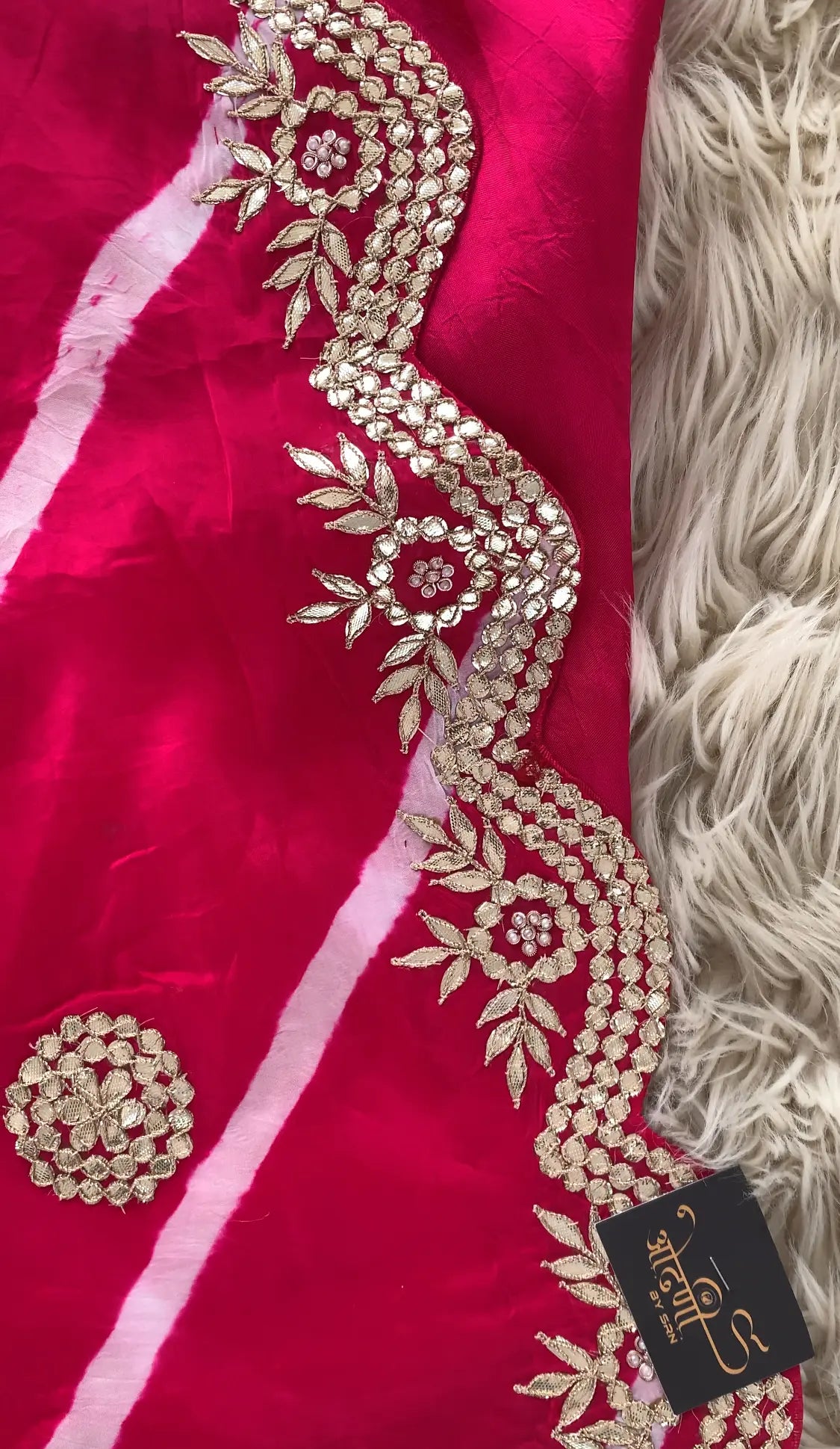 Rani Pink Lehriya Saree with Gota Patti Handwork (With Blouse)