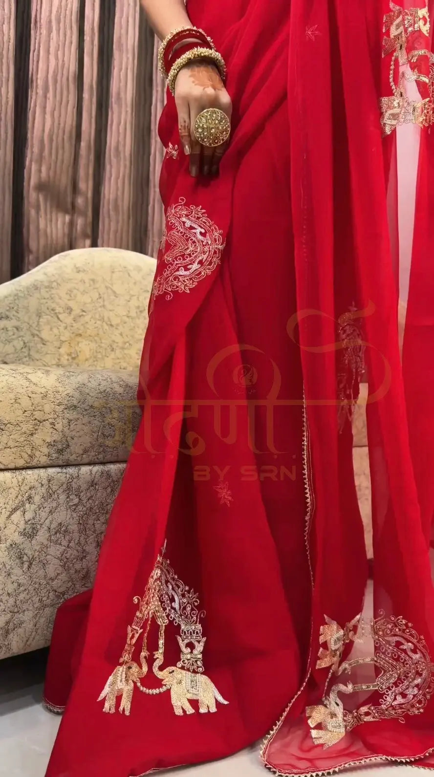 Thakurji Chiffon Saree with Elephant Aari Work & Angi Blouse