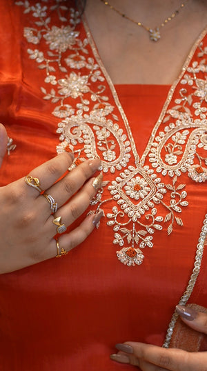 RUST ORANGE COLOUR 3-PIECE SUIT WITH ZARDOZI AND BEATS AND BANARSI DUPATTA ##SP150