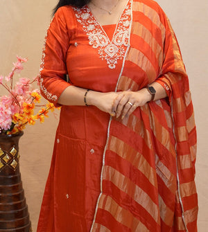 RUST ORANGE COLOUR 3-PIECE SUIT WITH ZARDOZI AND BEATS AND BANARSI DUPATTA ##SP150