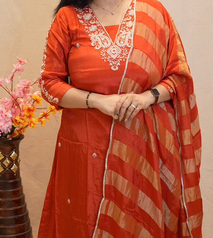 RUST ORANGE COLOUR 3-PIECE SUIT WITH ZARDOZI AND BEATS AND BANARSI DUPATTA ##SP150
