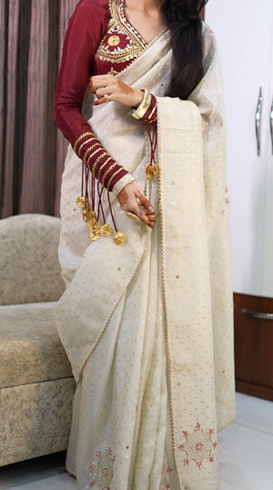 VINTAGE WORK PURE TISSUE FABRIC ZARI WEAVING SAREE WITH FULL SLEEVES RAJASTHANI ANGI BLOUSE ##SR487