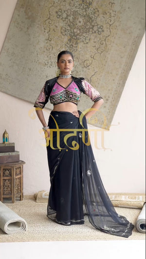 VINTAGE WORK SAREE ON DIAMOND CHIFFON FABRIC WITH VINTAGE WORK RAJASTHANI AANGI BLOUSE ##SR600