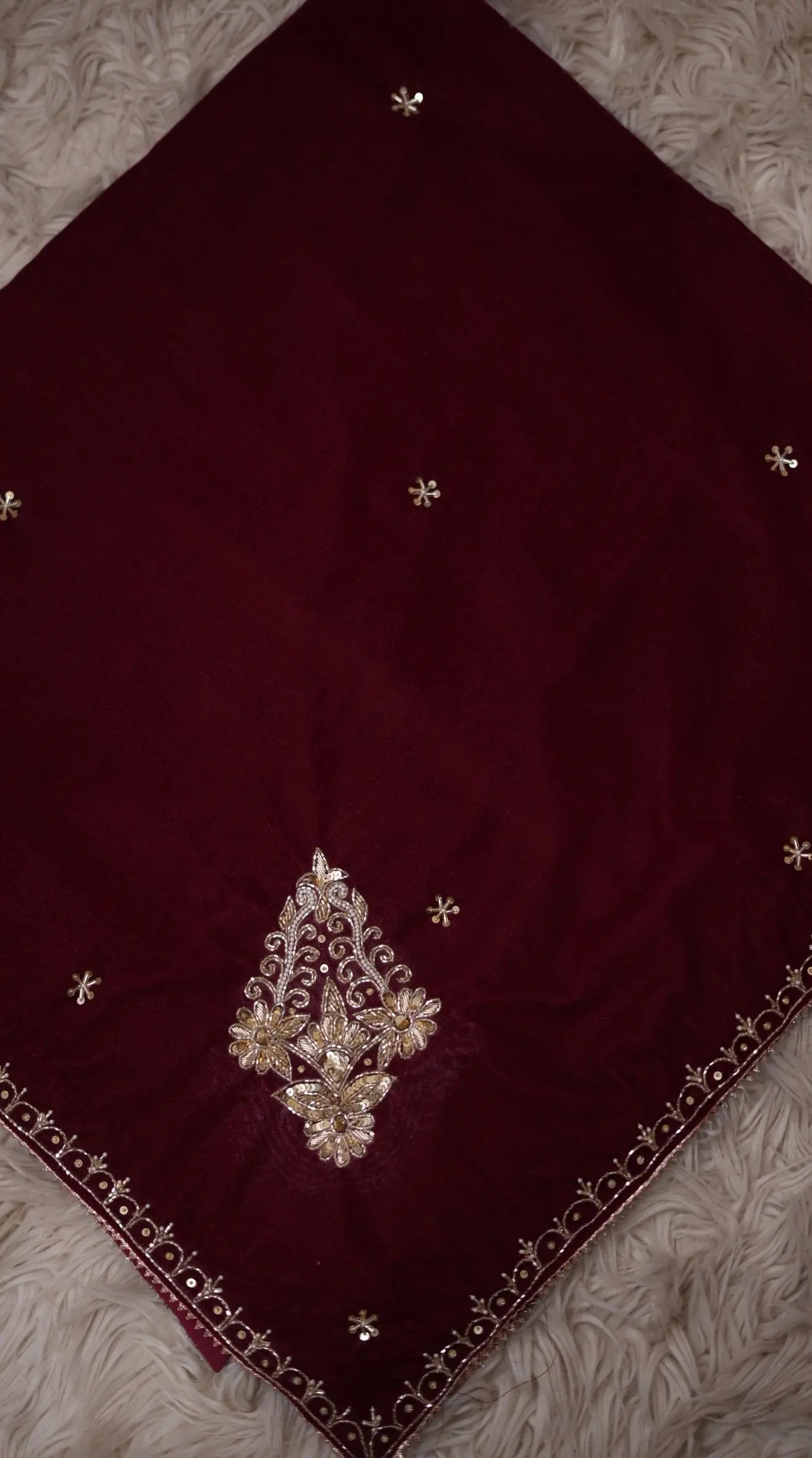 Mehroon Handwork Shawl with Zardozi, Cutdana & Moti Border (CUSTOMISABLE)