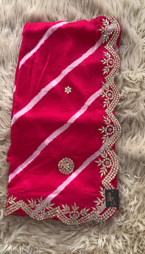 RANI PINK COLOUR LEHRIYA SAREE WITH GOTAPATTI HANDWORK (WITH BLOUSE).  ##SR0354
