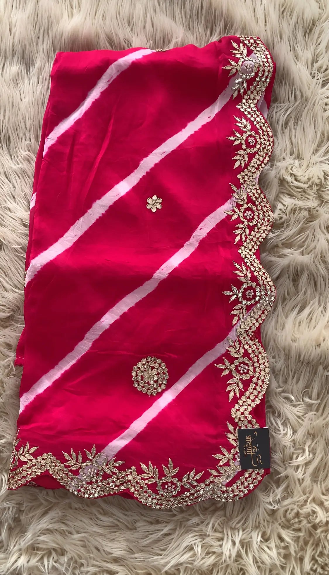 Rani Pink Lehriya Saree with Gota Patti Handwork (With Blouse)