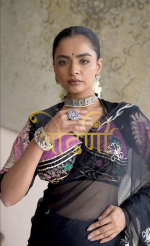 VINTAGE WORK SAREE ON DIAMOND CHIFFON FABRIC WITH VINTAGE WORK RAJASTHANI AANGI BLOUSE ##SR600