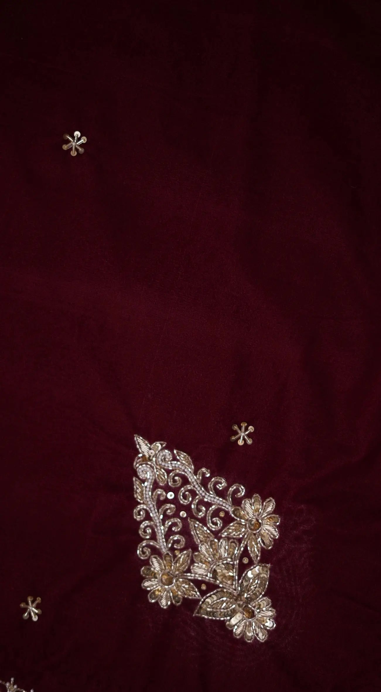 Mehroon Handwork Shawl with Zardozi, Cutdana & Moti Border (CUSTOMISABLE)