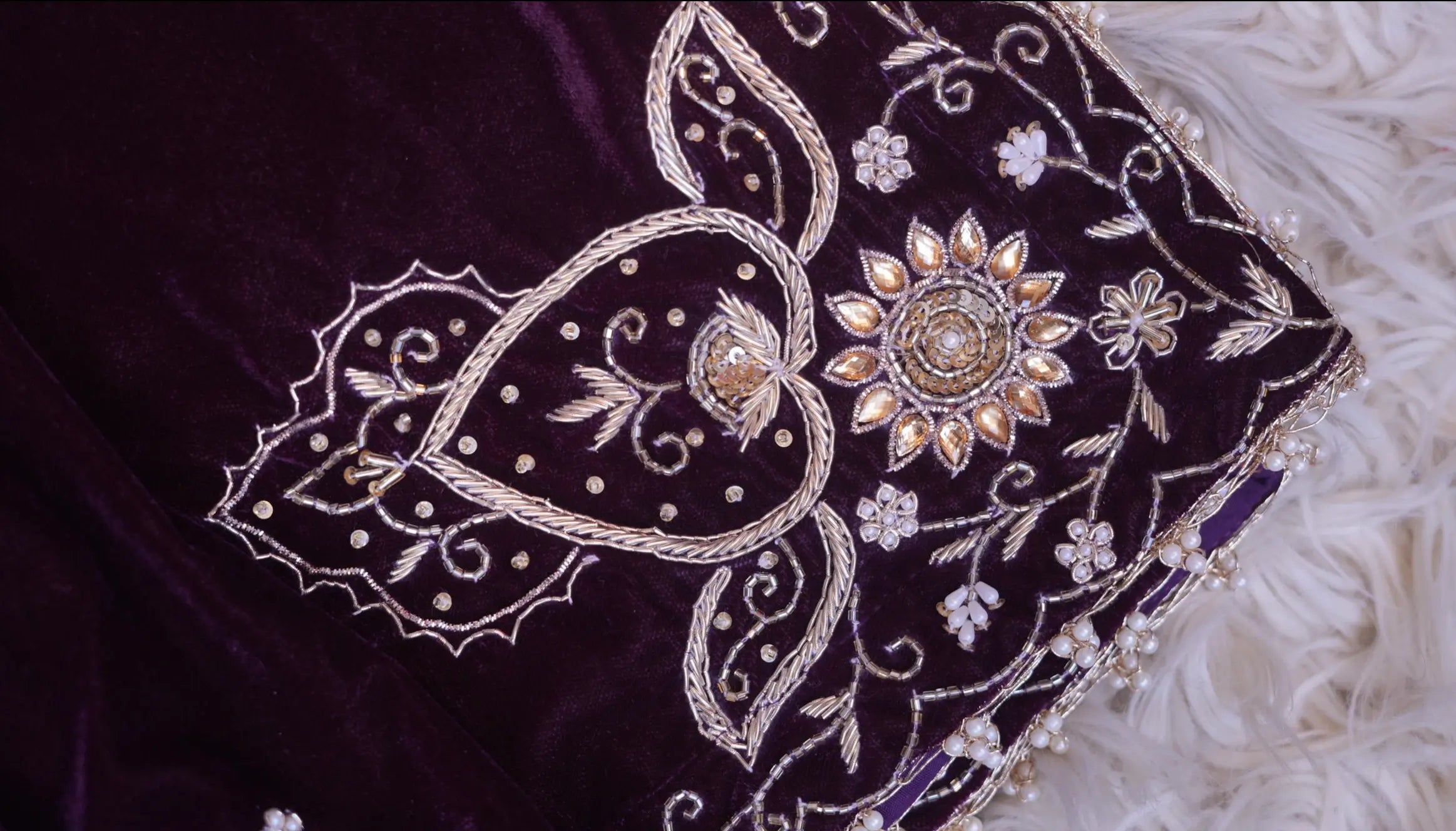 Wine Colour Silk Velvet Shawl with Kolkata Handwork (CUSTOMISABLE)