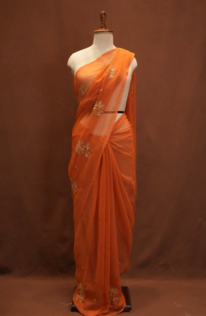 RAJPUTI DESIGN ROYAL GEORGETTE FABRIC SAREE WITH AARI TARI WORK AND SMALL BUTI ##SR615