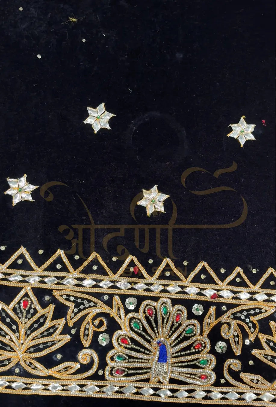 Peacock Design Velvet Blouse with Kacchi Gota Patti Handwork