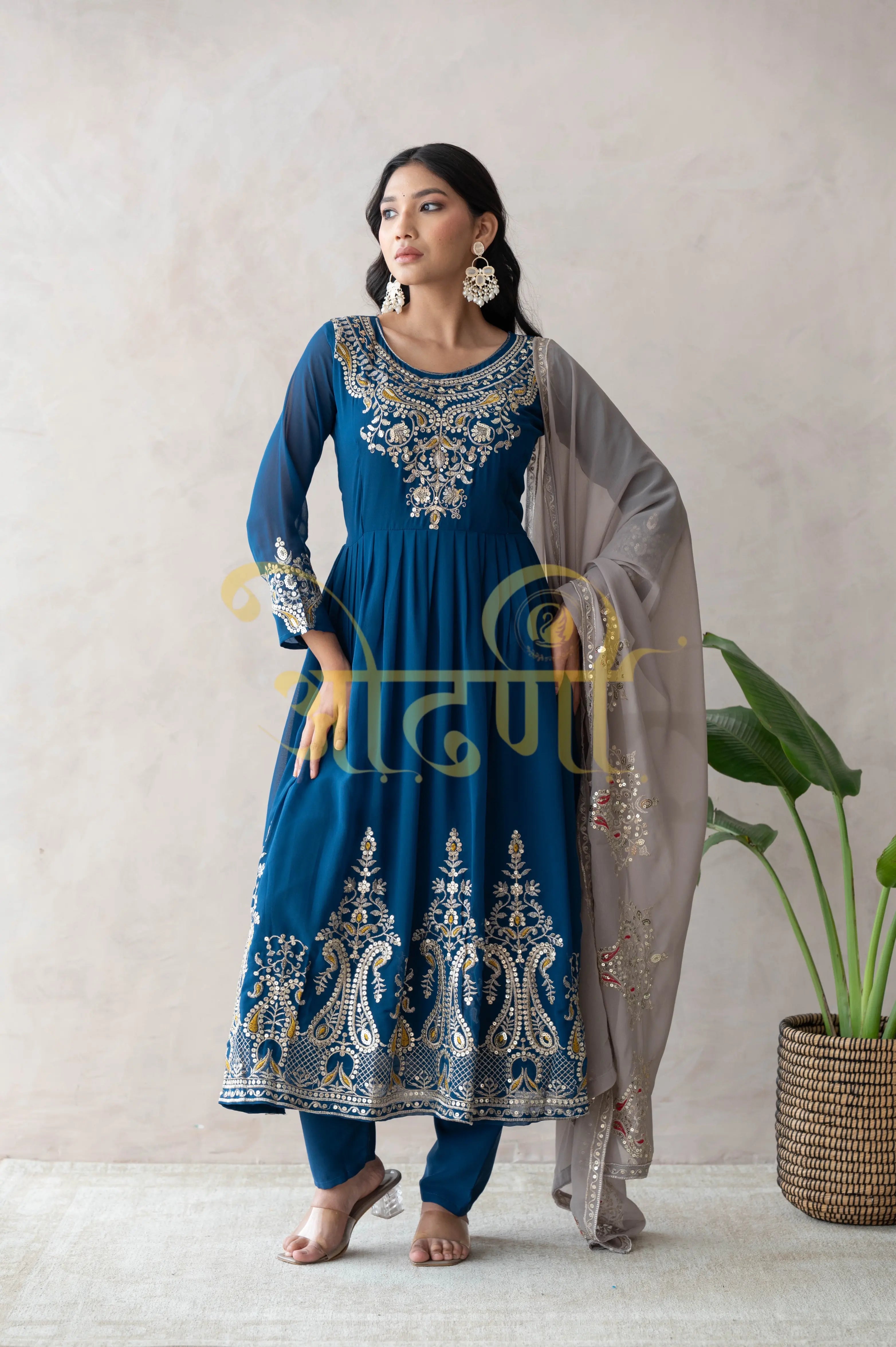 ANARKALI 3-PIECE SUIT WITH SEQUENCE WORK AND CONTRAST DUPATTA