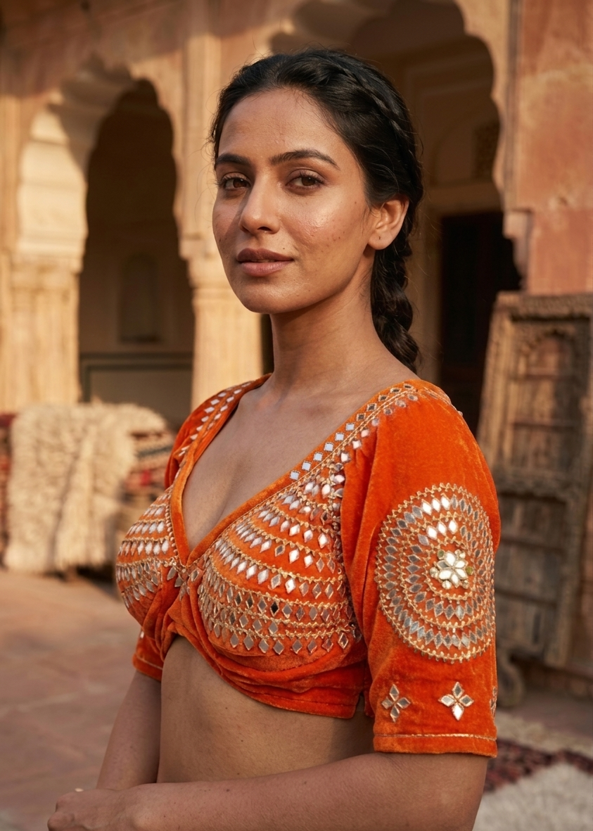 Kesariyaa Ghungroo Rajasthani Aangi Blouse with Kachi Gota Patti (CUSTOMIZABLE)