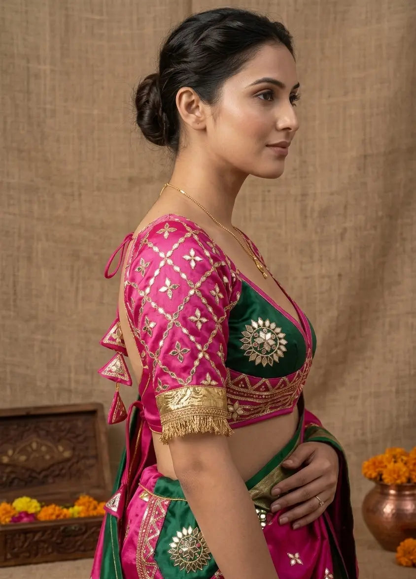 Gulabi Purvi Rajasthani Aangi Blouse with Kachi Gota Patti Jaal pertun (PRE-BOOKING ITEM)