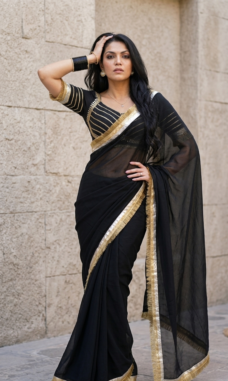 Pure Georgette Fabric Kaccha Gota Patti Work Saree with Aangi Style Blouse