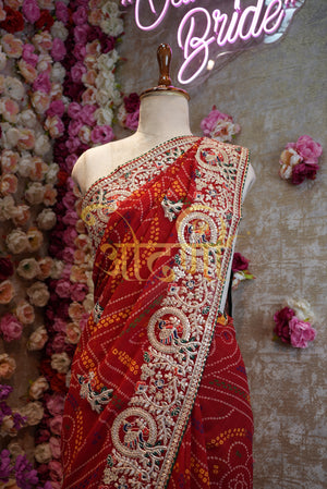 Rajasthani chunri print  Geogrette fabric saree with gota patti work contrast blouse ##SR0159